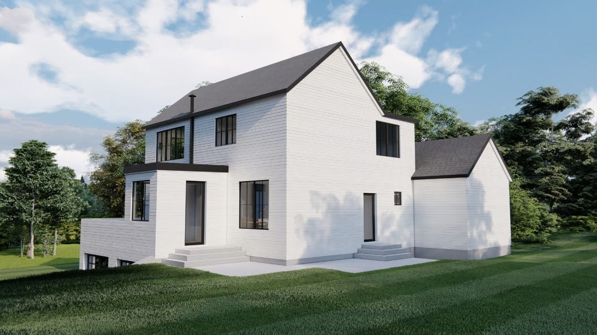 Crisp White Shiplap and Black Trim Make the Backyard Elevation Hard to Ignore