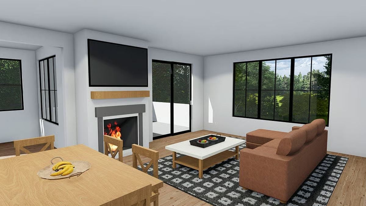 Warm Brick Sofa and a Live Fireplace Make This Living Room Feel Lived In Already