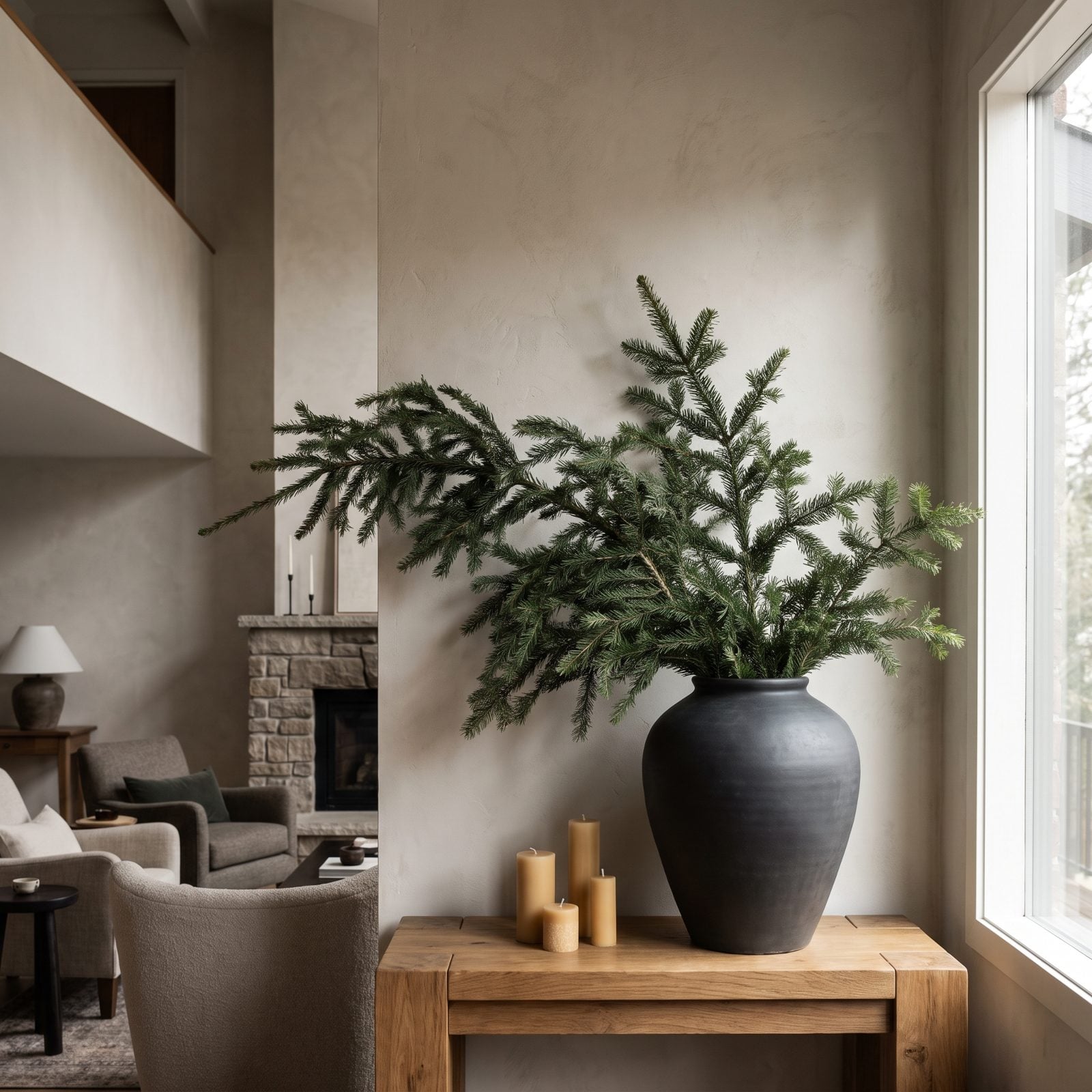 A Single Fir Branch in an Oversized Ceramic Vessel