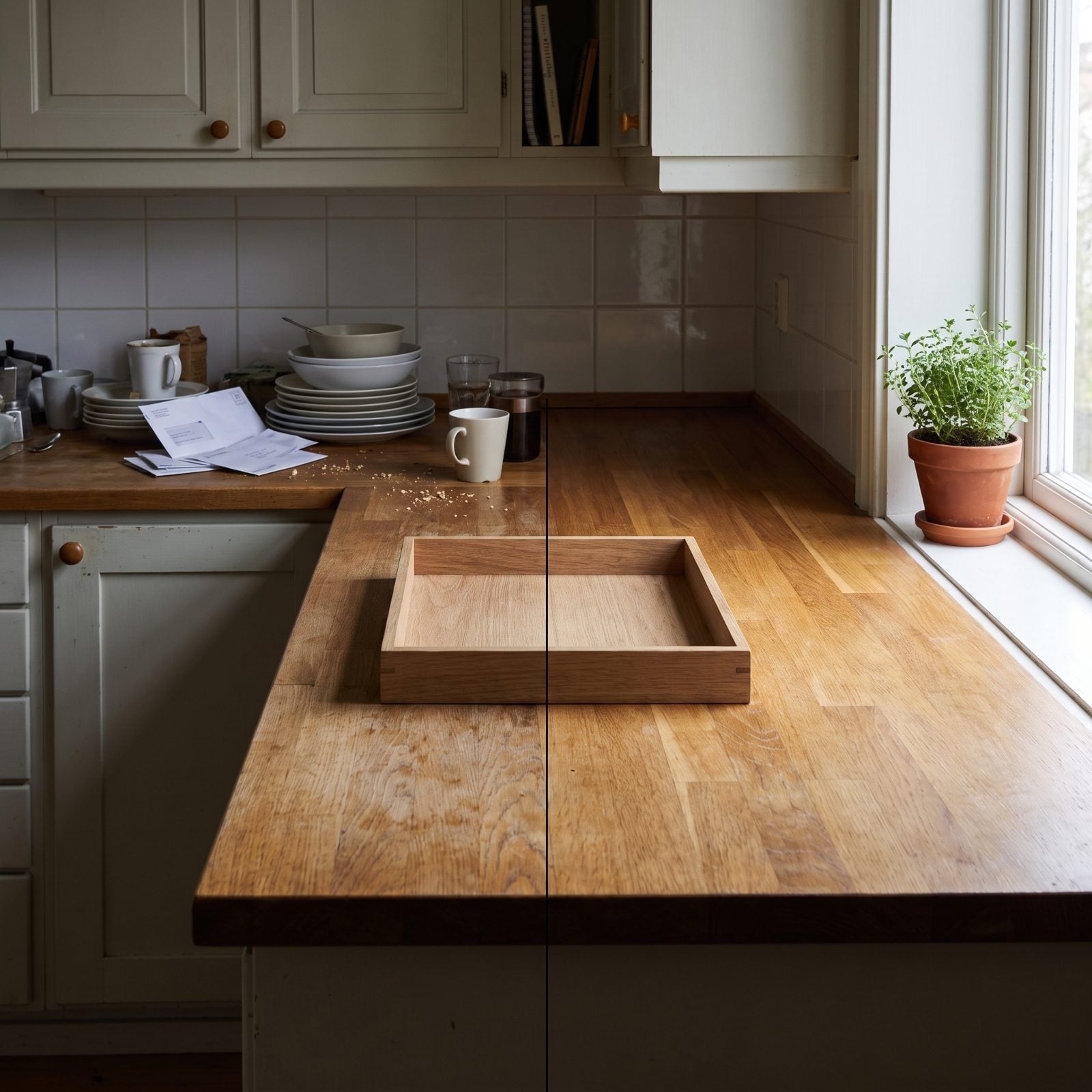 Kitchen counter with a shallow woven tray holding keys, receipts, a pen, and hand cream, with clear counter on both sides.