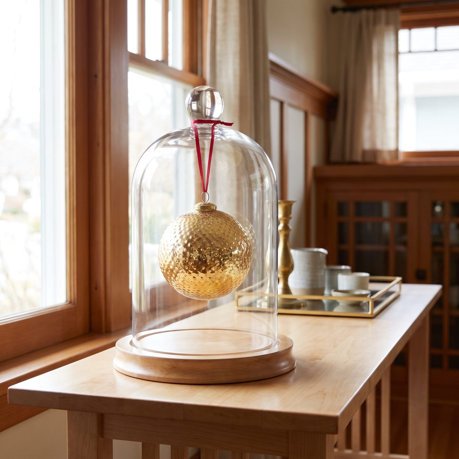 A Single Ornament Suspended Inside a Cloche