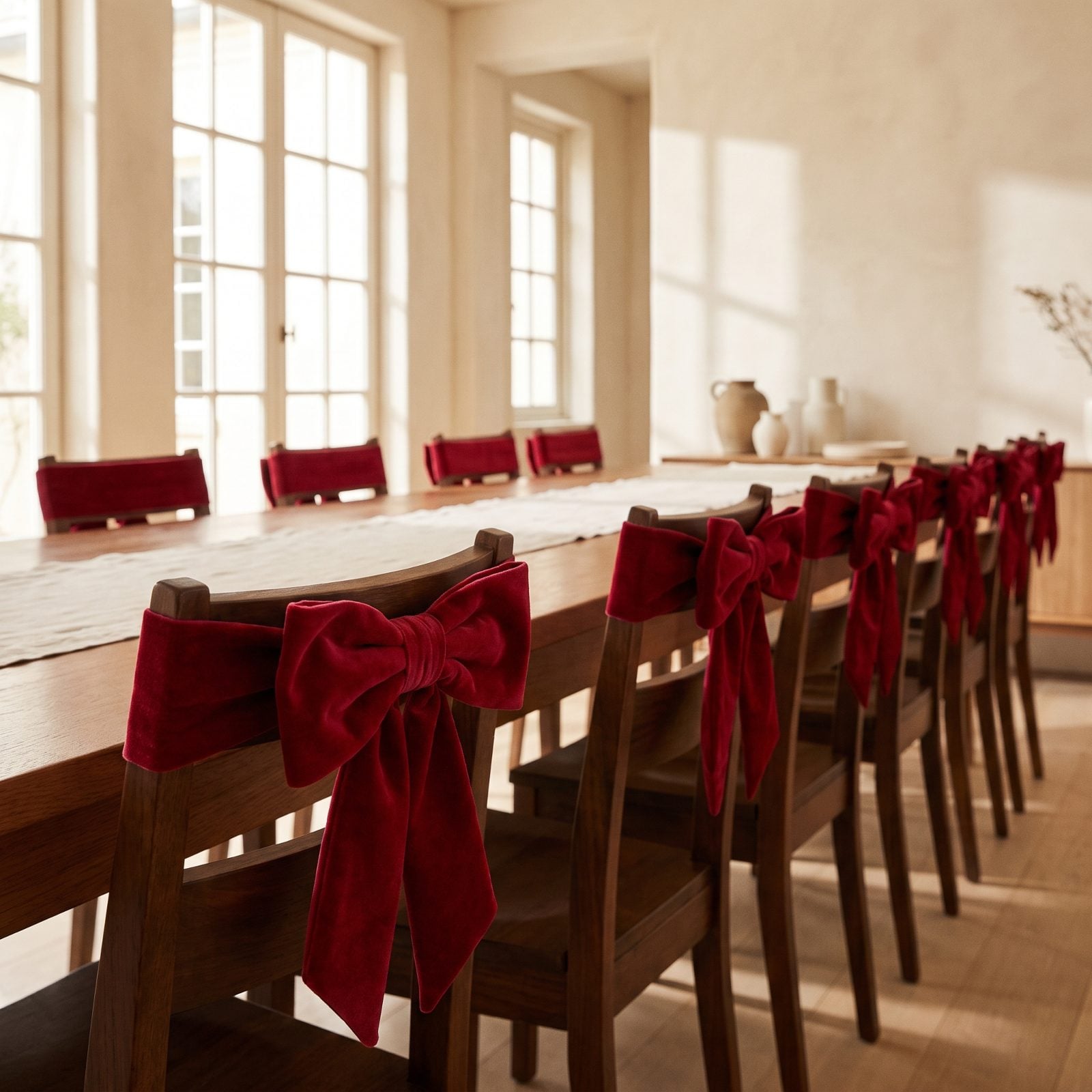 A Single Red Velvet Bow on Every Dining Chair