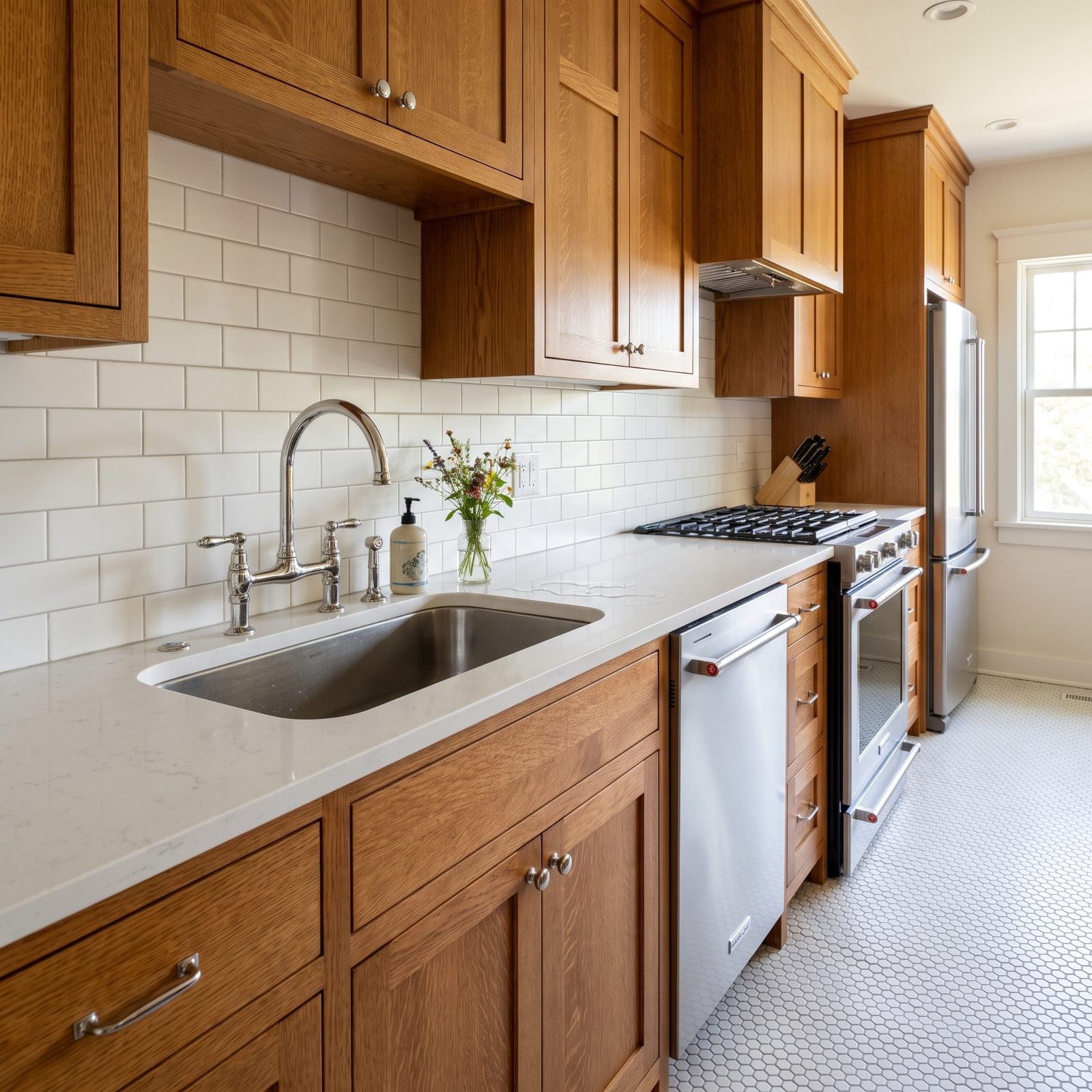 Coastal kitchen counter where water behind the sink pools toward the backsplash instead of draining into the sink.