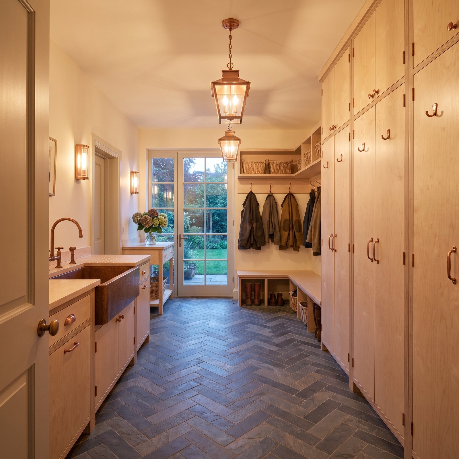 Mudroom with birch lockers, a slate herringbone floor and copper fixtures