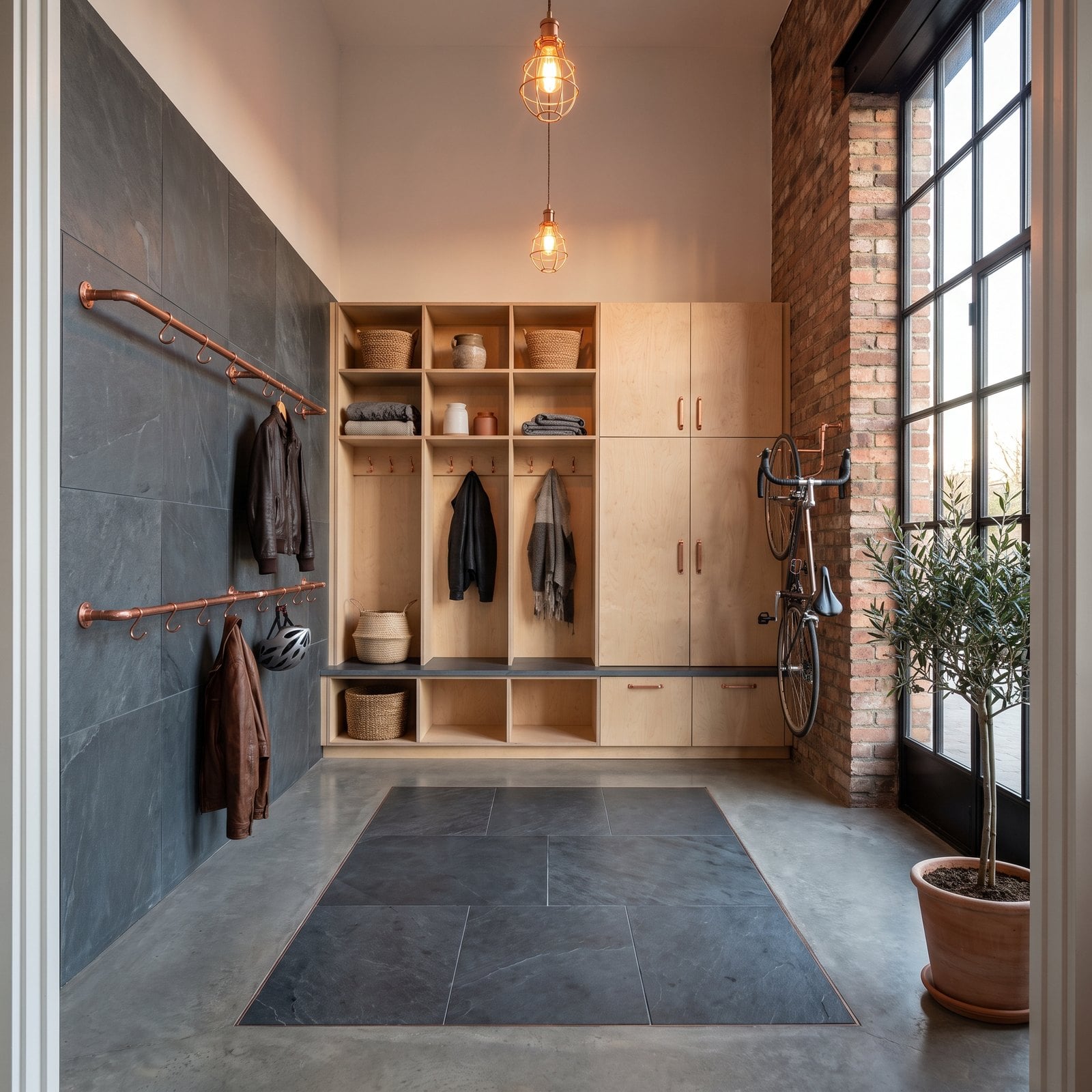 Slate Walls and Copper Pipe Coat Rails in a Converted Warehouse Entry