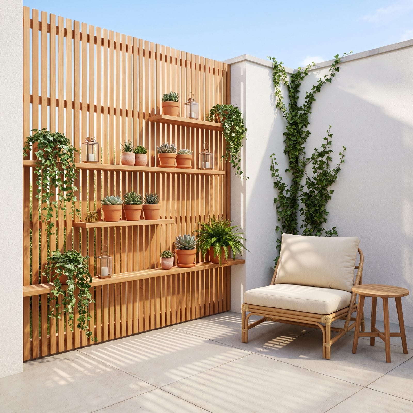 Slatted Privacy Screen With Shelves