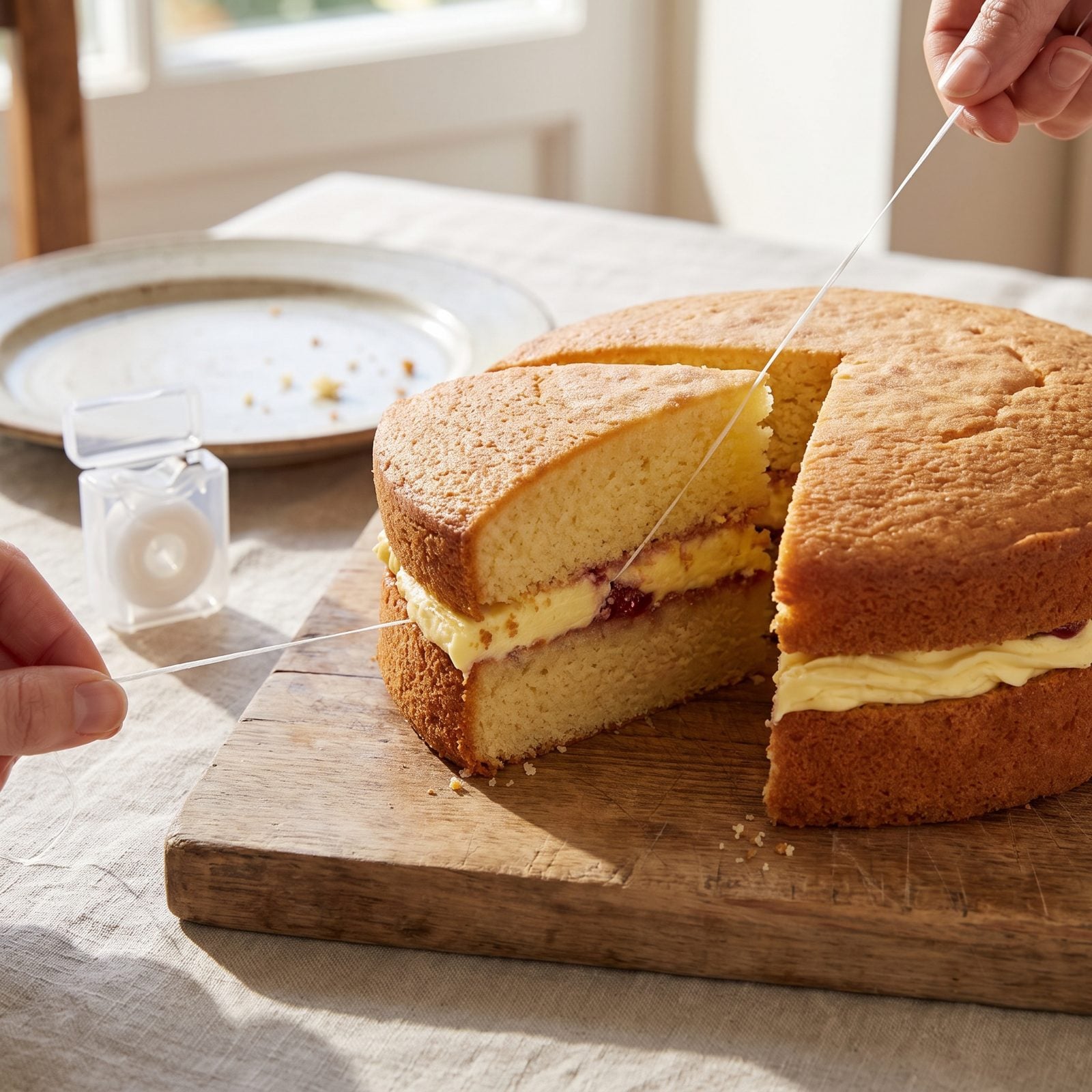 Slice Soft Cake and Cheese With Unflavored Dental Floss