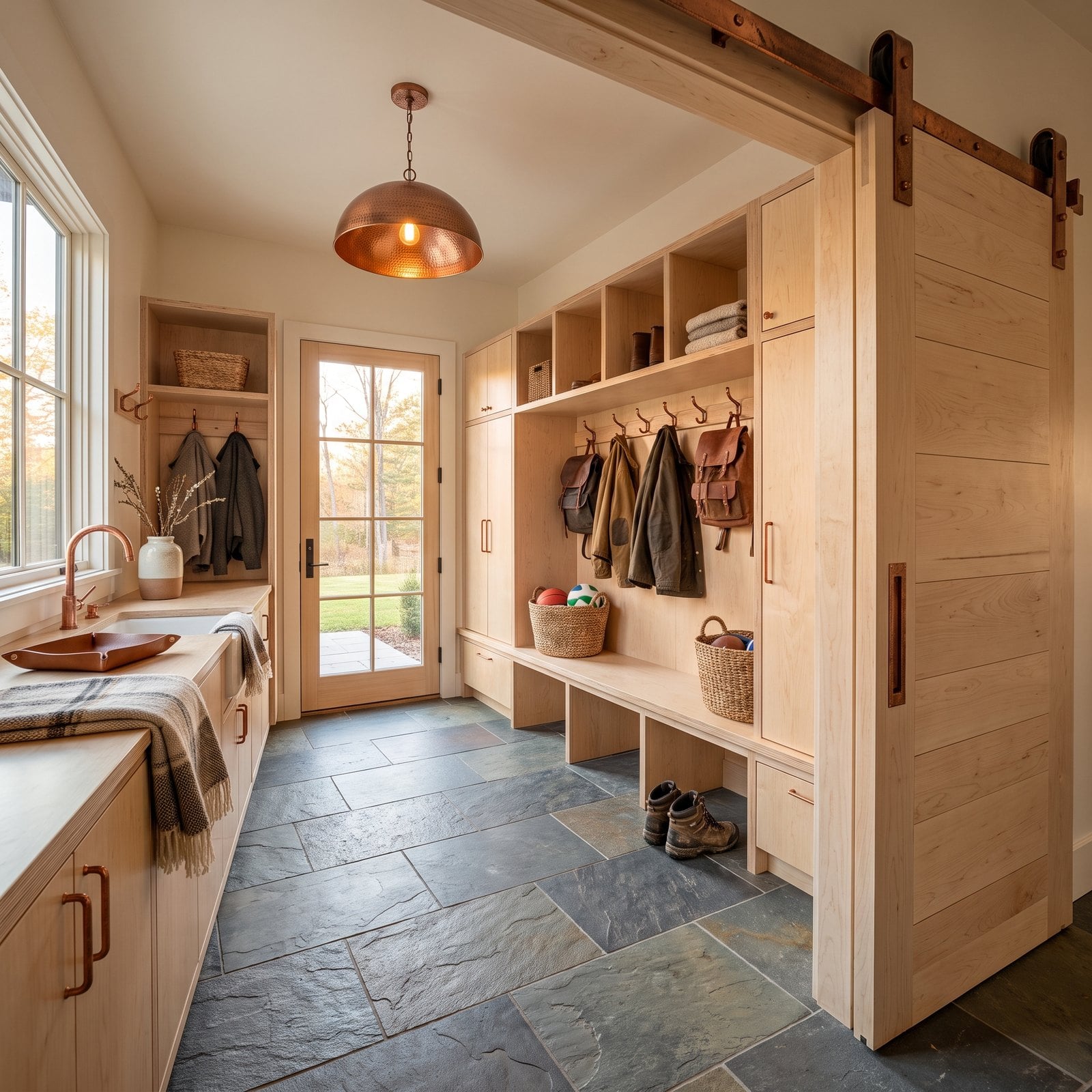 Sliding Barn Doors Open Onto a Slate-and-Birch Drop Zone