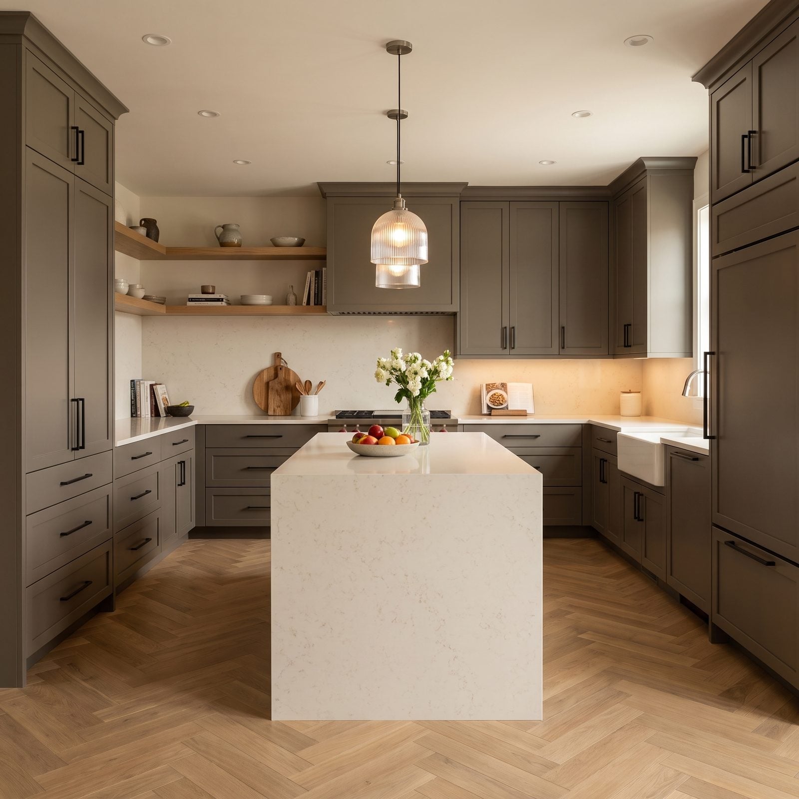 Kitchen with slim shaker cabinet doors: Slim Shaker doors in greige-taupe around a white quartz waterfall island.