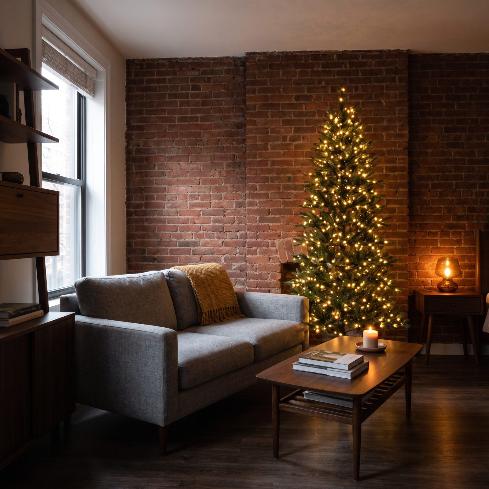 A Small Apartment with Lights Concentrated Around One Corner Tree