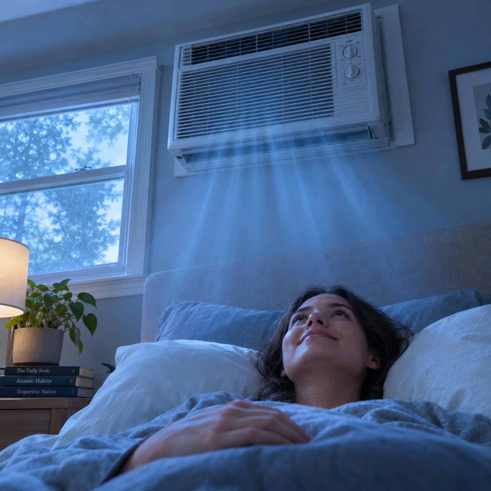 Small bedroom with a window air conditioning unit installed directly above the pillows at the head of the bed.