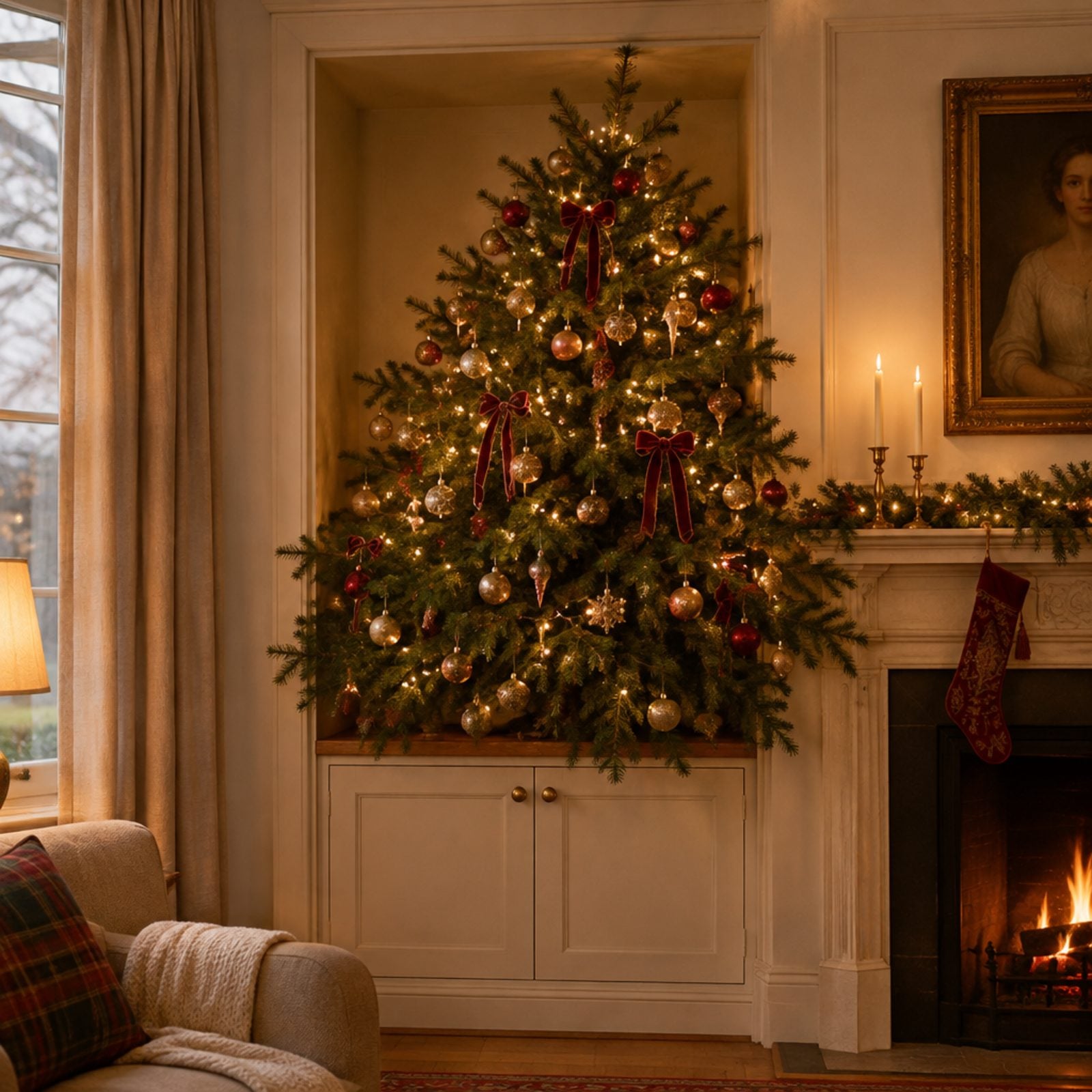 Small living room with a full Christmas tree crammed into a shallow alcove, branches overhanging both flanking bookshelves