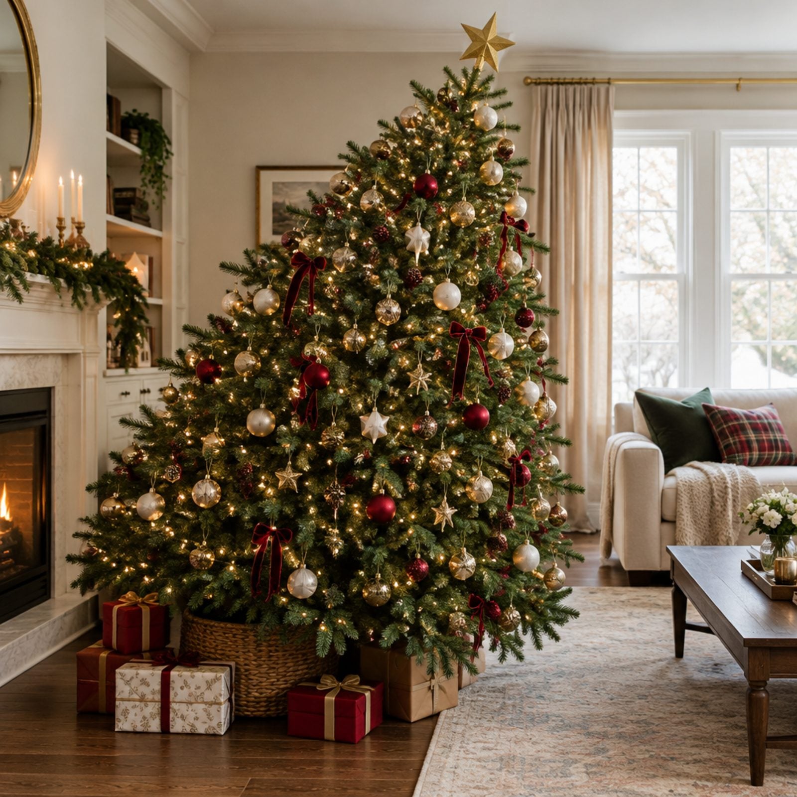 Small modern living room with a wide Christmas tree rotated so its fullest side projects out into the room toward the