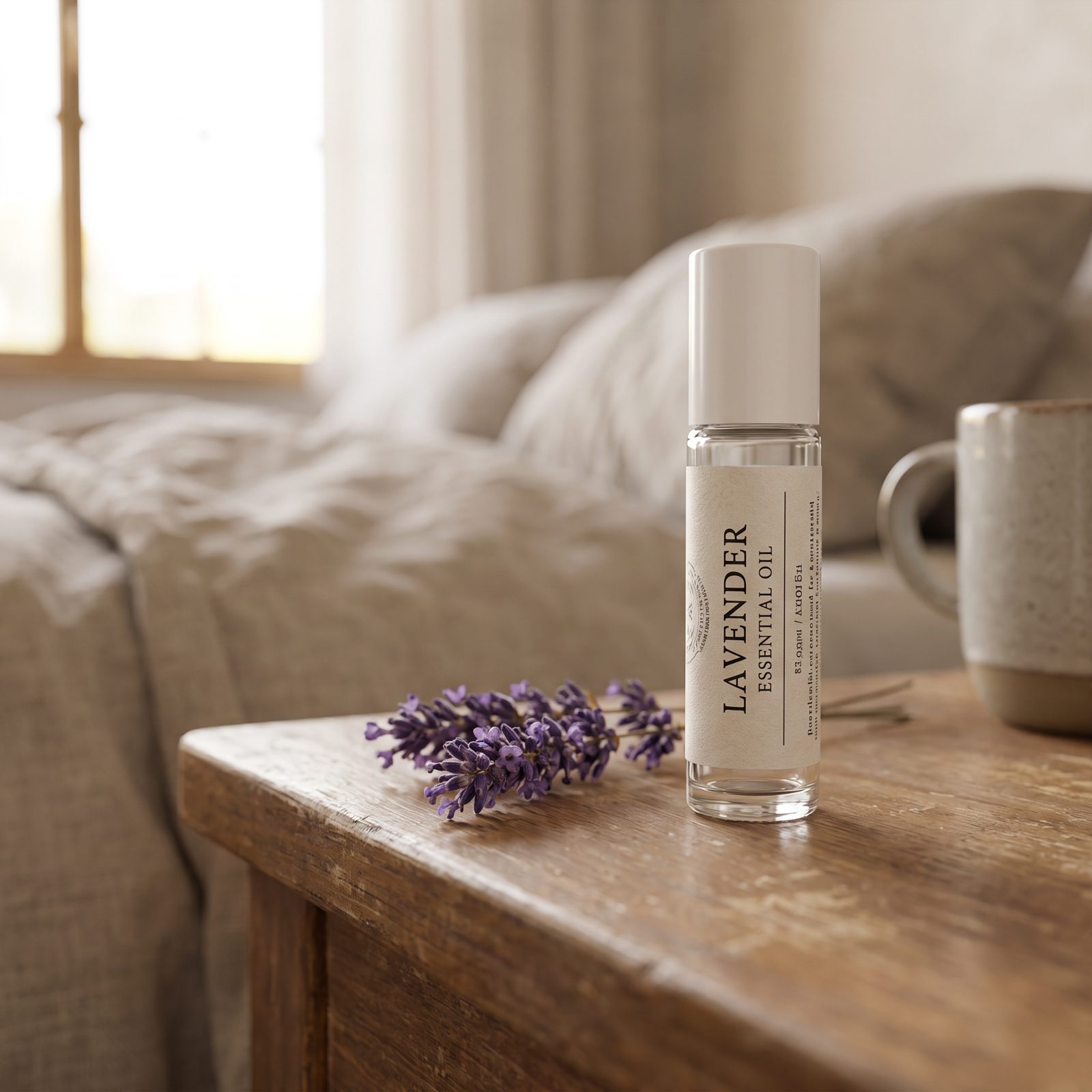 Bedroom nightstand with an open essential-oil roller, a half-burned candle in a jar, and a small ceramic diffuser beside the