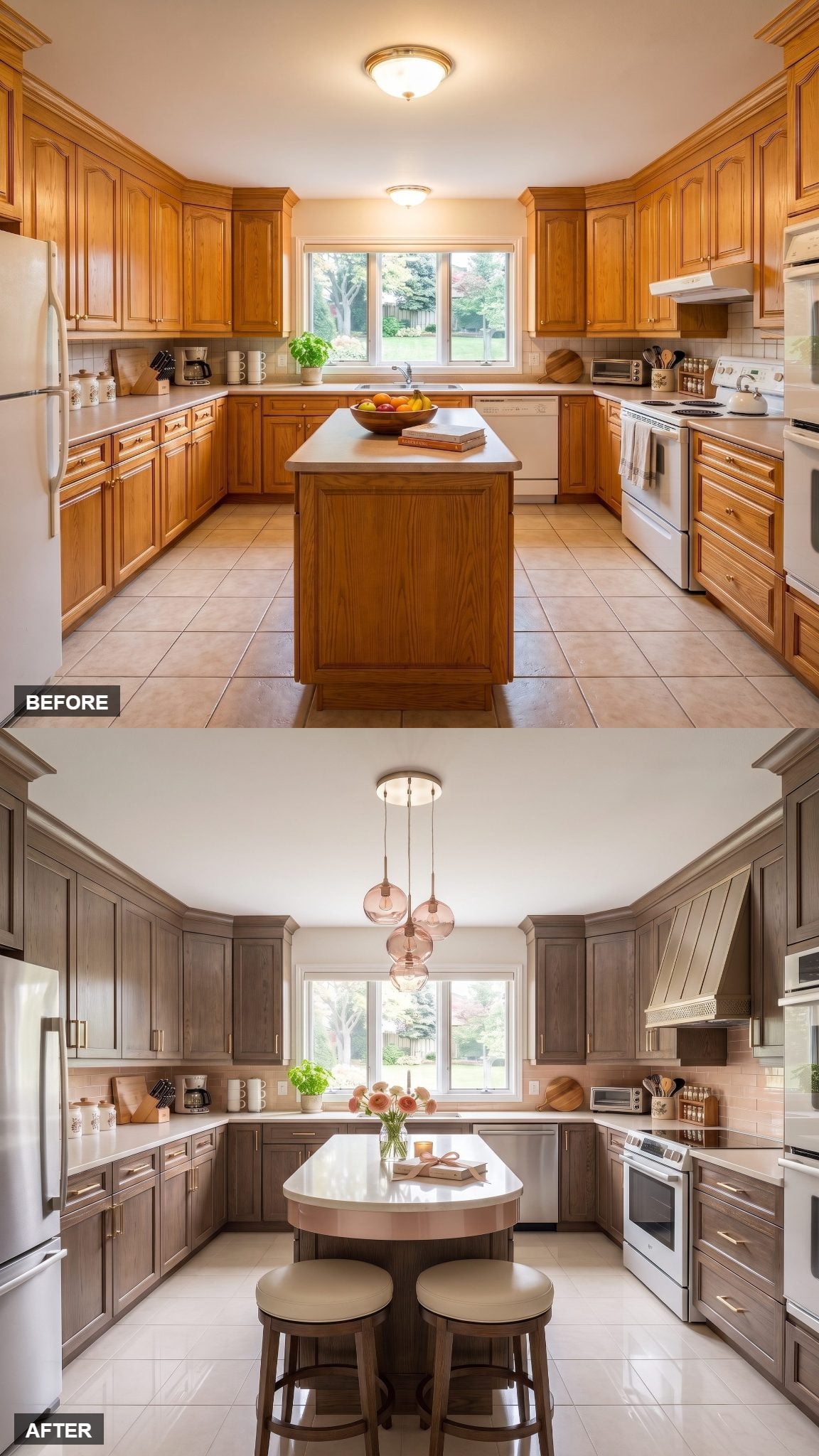 Smoked oak kitchen with champagne-pink glass backsplash and curved lacquered island ends
