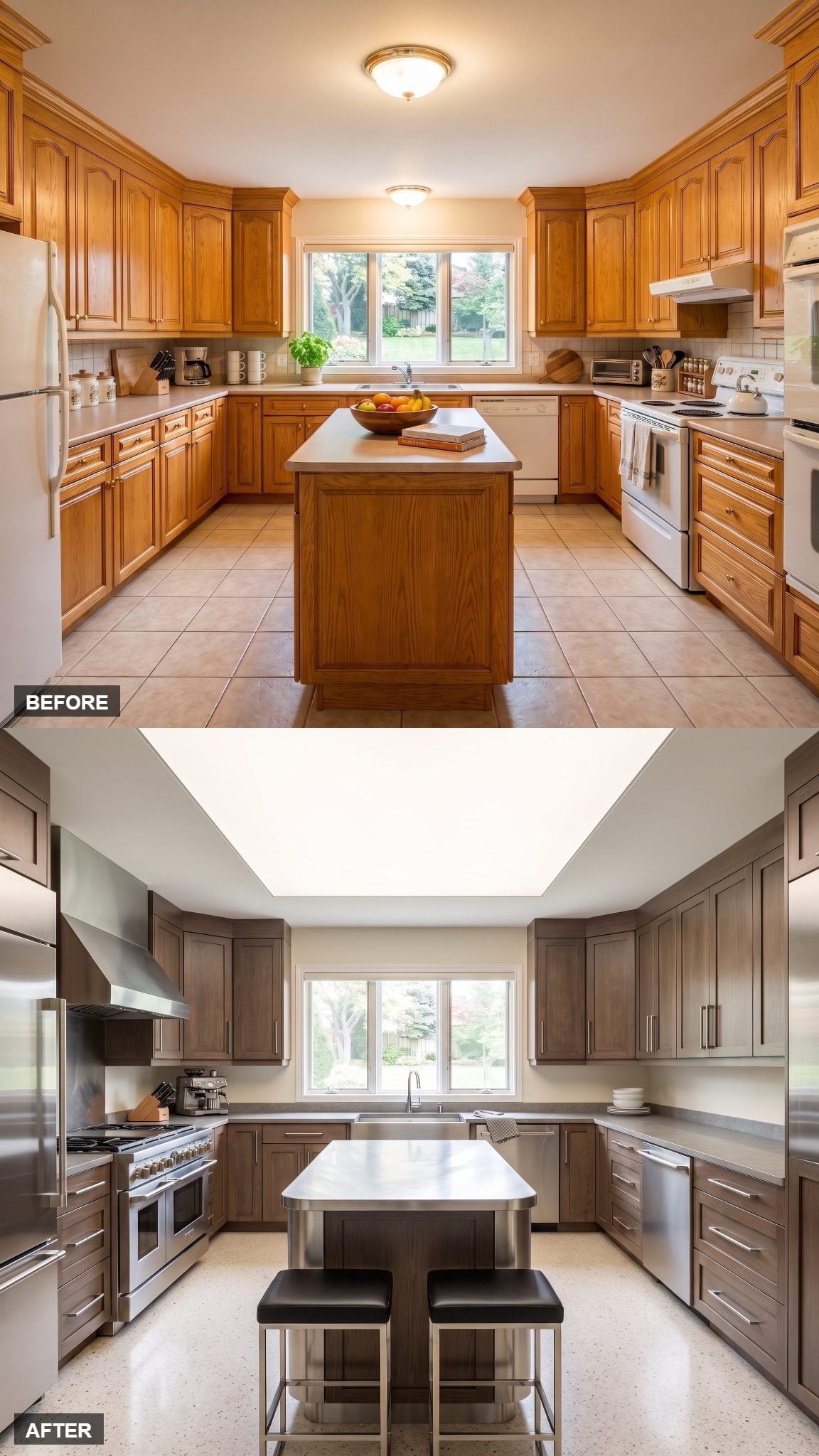 Smoked oak kitchen with folded stainless-steel island and terrazzo flooring
