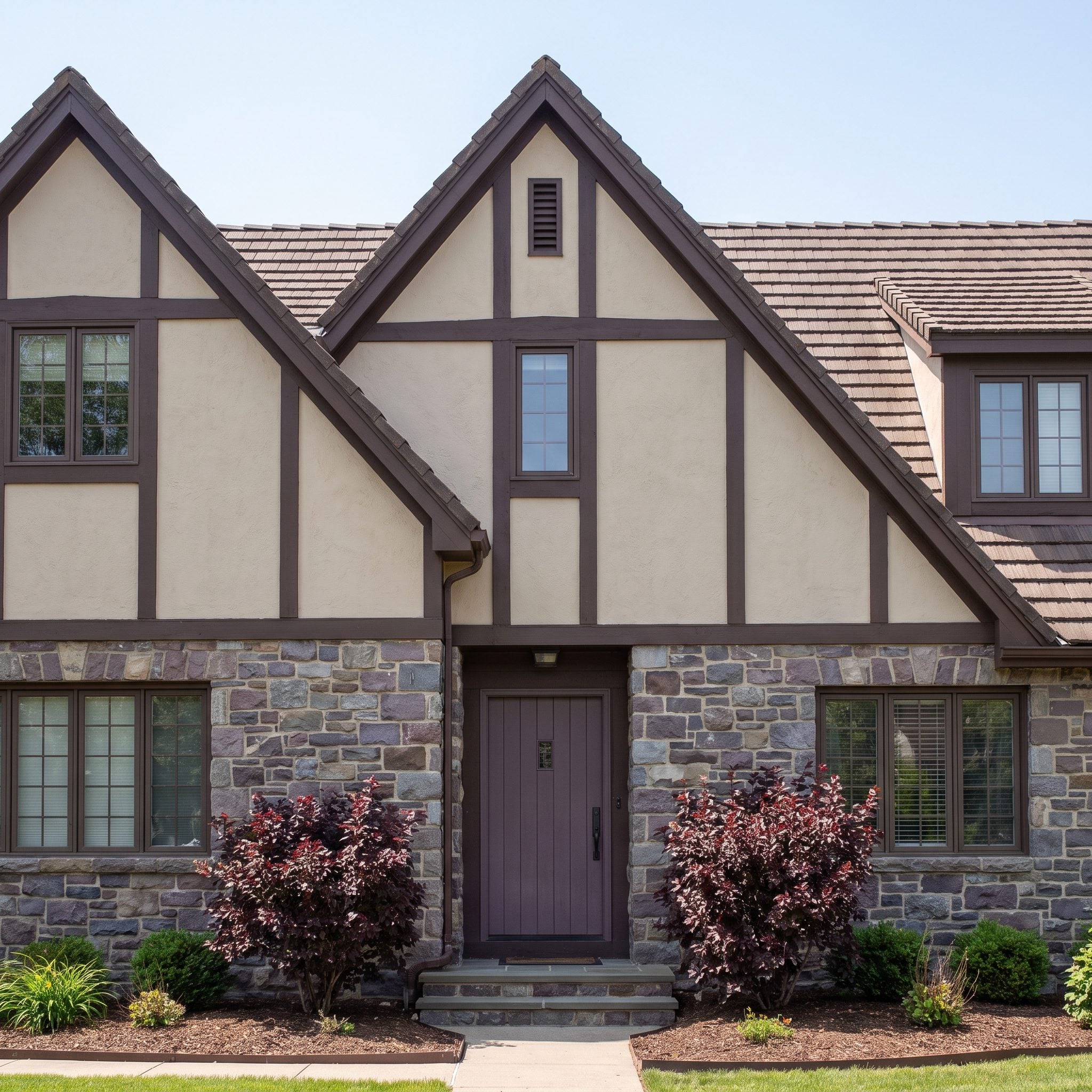 Smoky-plum front door on a Tudor-style house with mixed stone, timber, and plaster