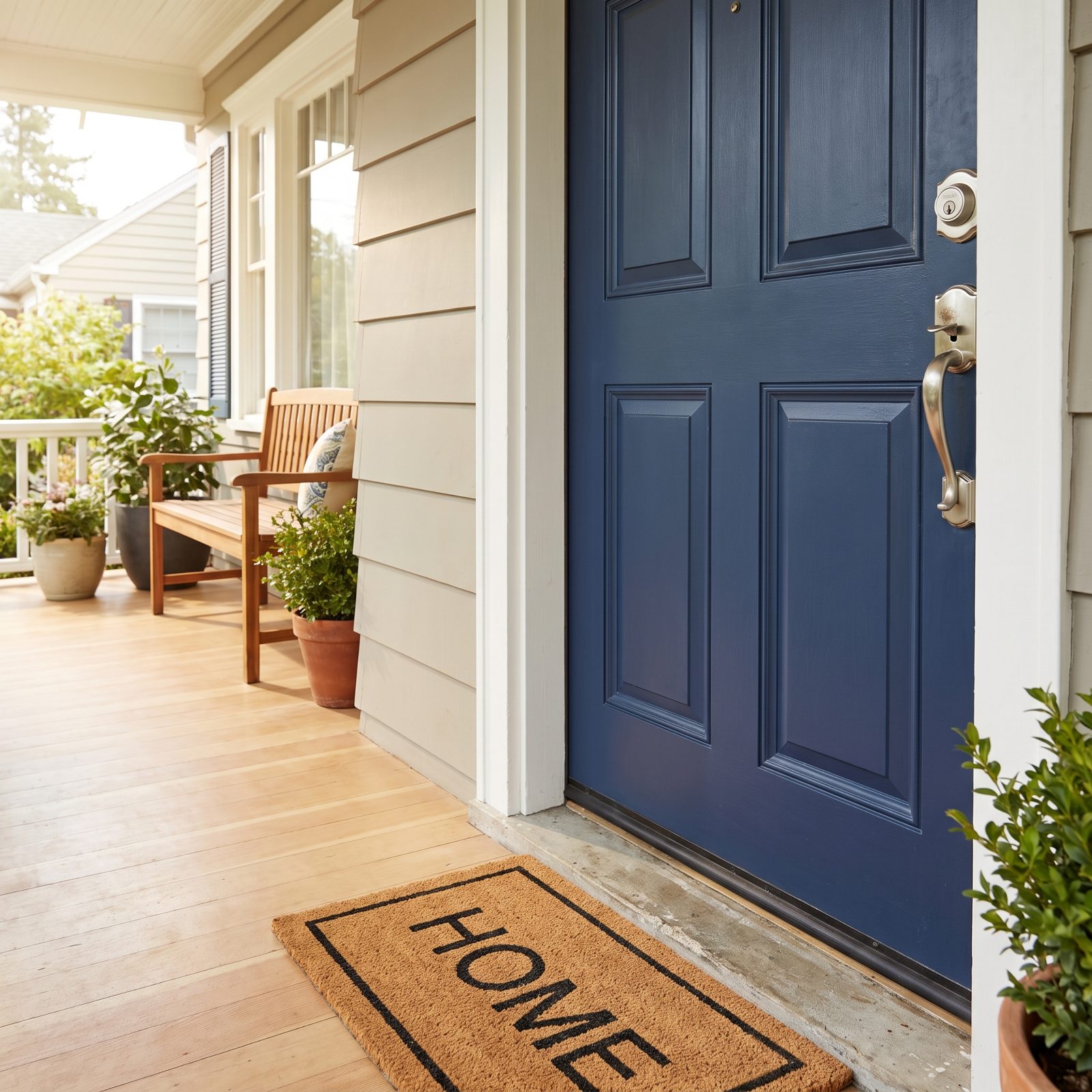 Navy front door with a brushed-nickel lever handle and matching deadbolt, shot straight on from the porch.