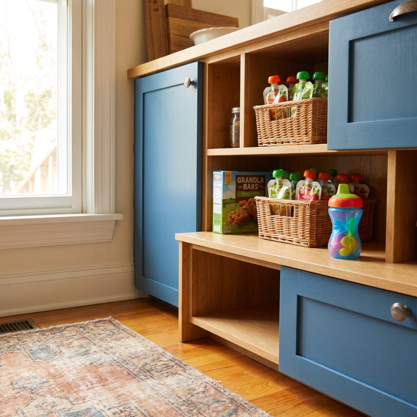 Kitchen counter with a low basket of snack pouches and granola bars, a sippy cup drying on a towel, and an open box of