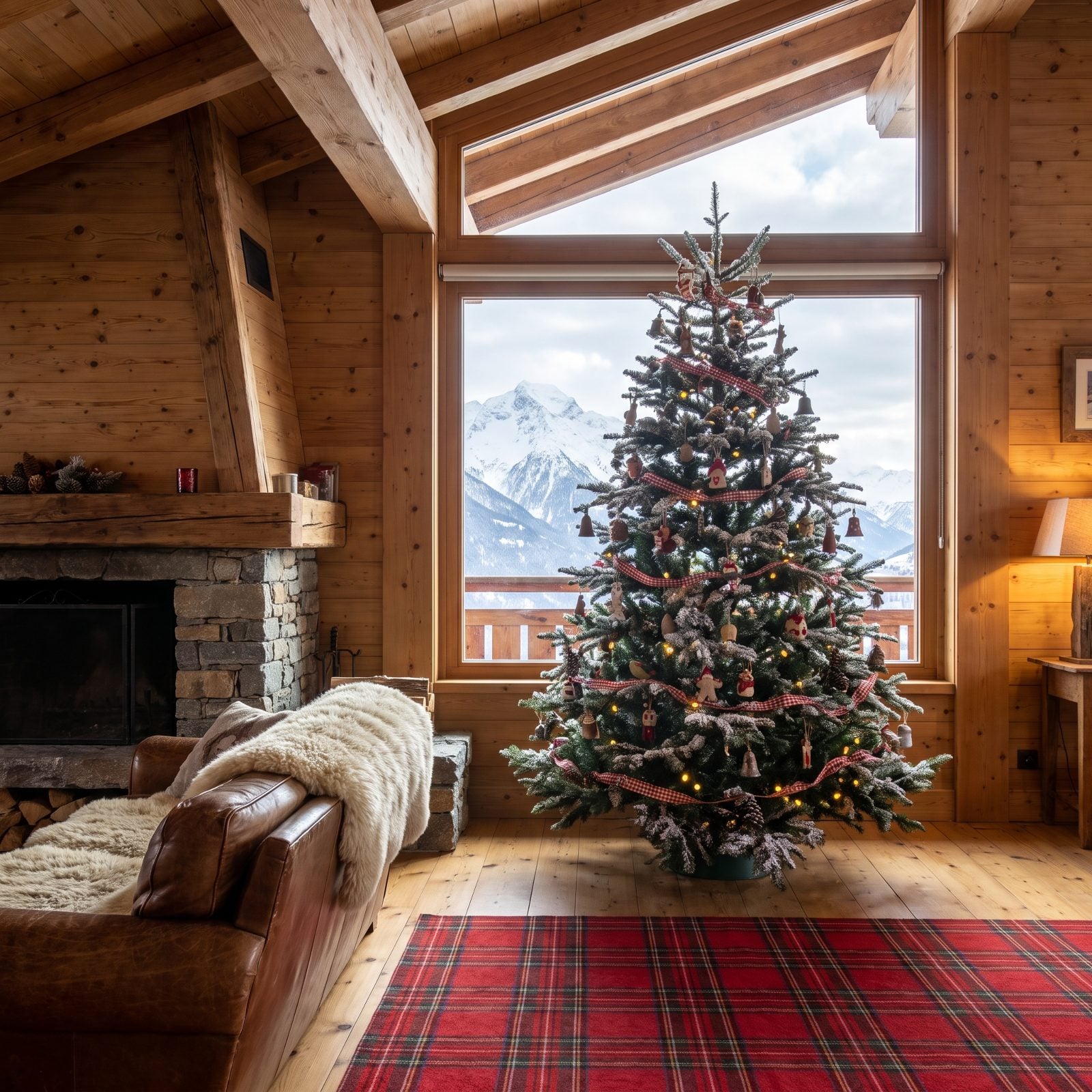 A Snow-Dusted Tree Mirroring an Alpine Chalet Interior