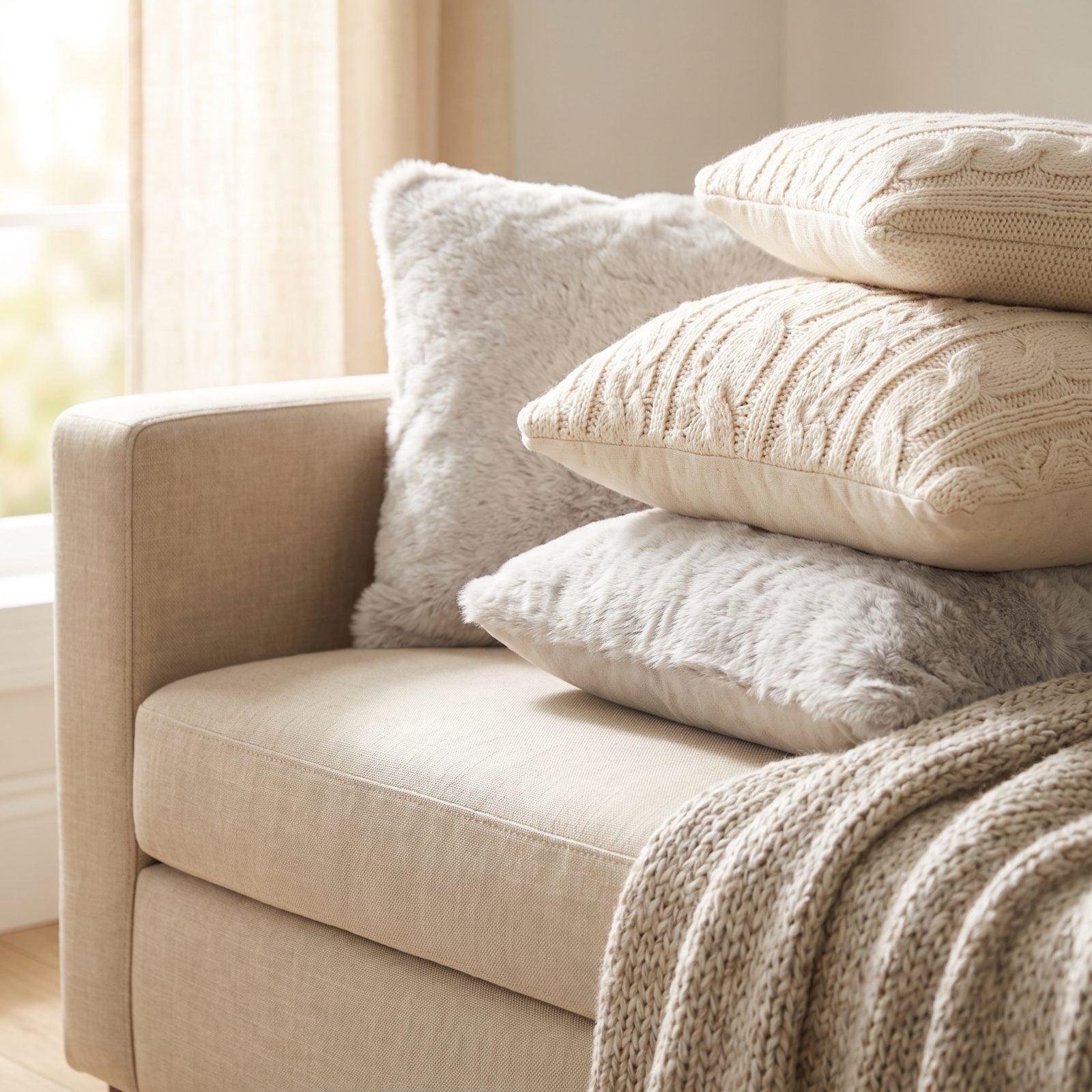 A Sofa Layered with Faux-Fur and Cable-Knit Pillows