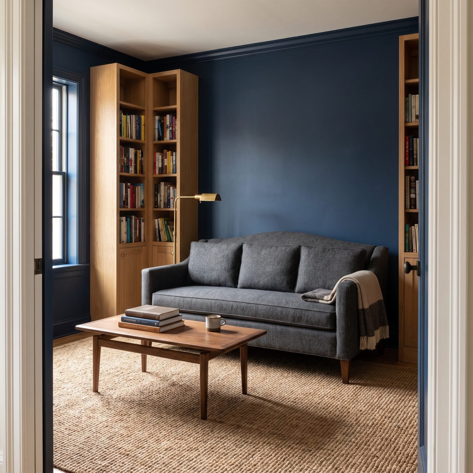 Home office with a high-backed charcoal camelback sofa centered against bookshelves.