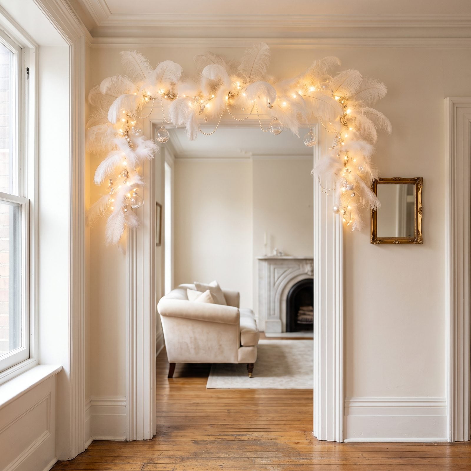 A Soft Arch of White Feathers and Pearl Lights