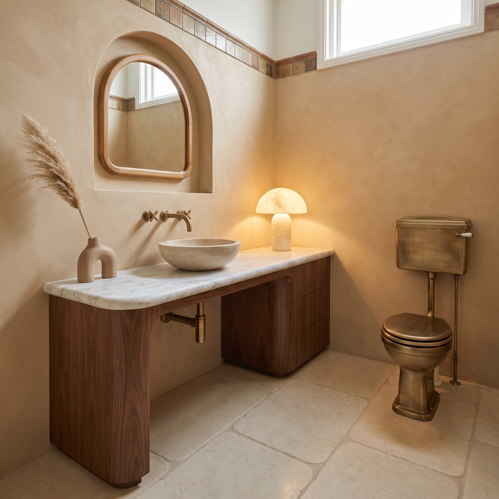 Soft Curves, Pebble-Edged Marble and a Rounded Walnut Vanity