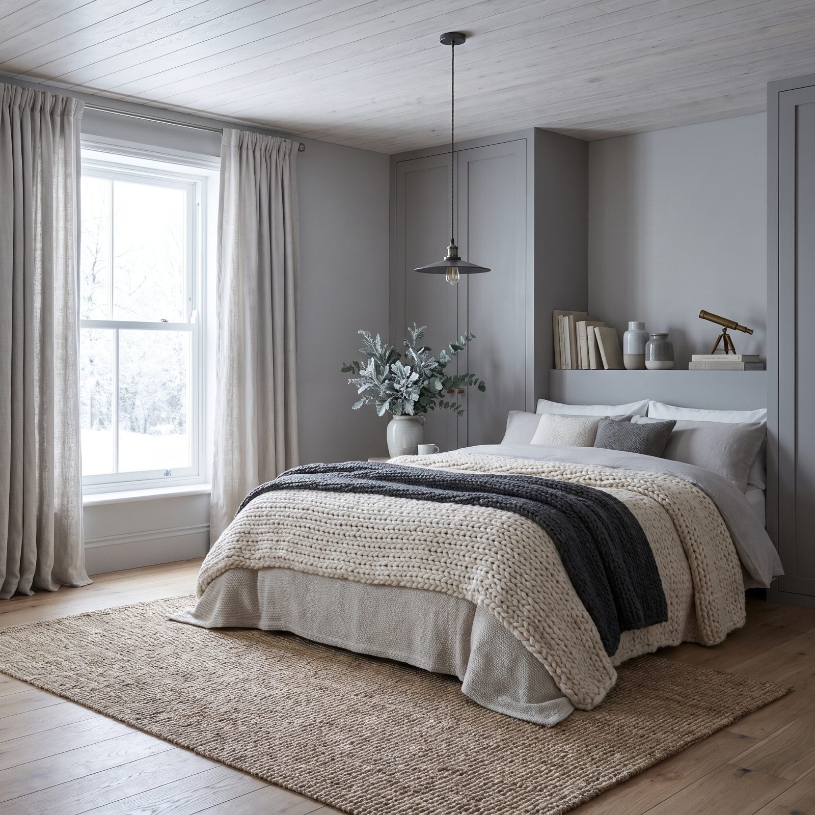 A Soft-Gray Bedroom with Silvered Foliage and Wool Blankets