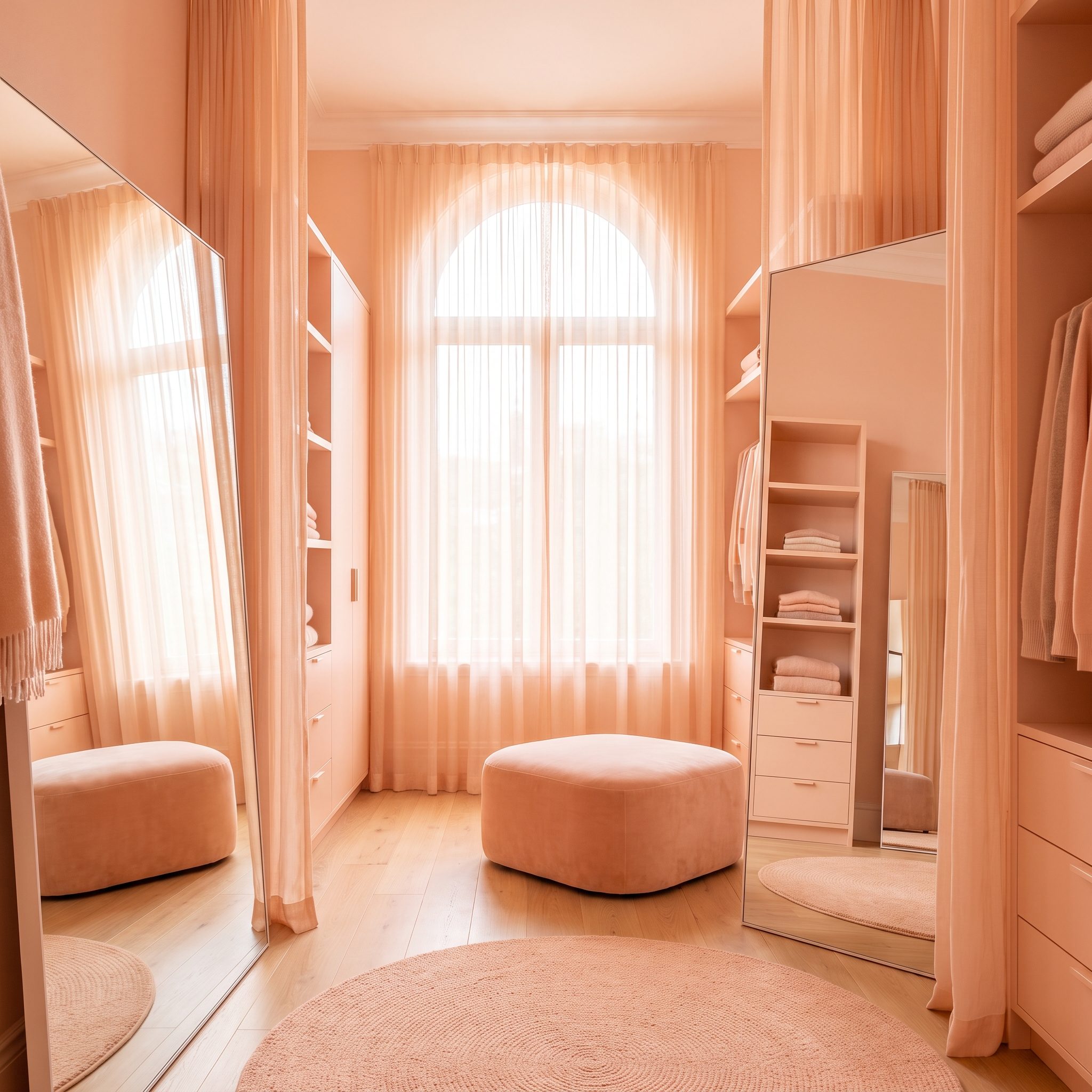 Dressing room in soft peach across walls, trim, ceiling, and wardrobe doors with a cream bouclé bench and gilt mirror.