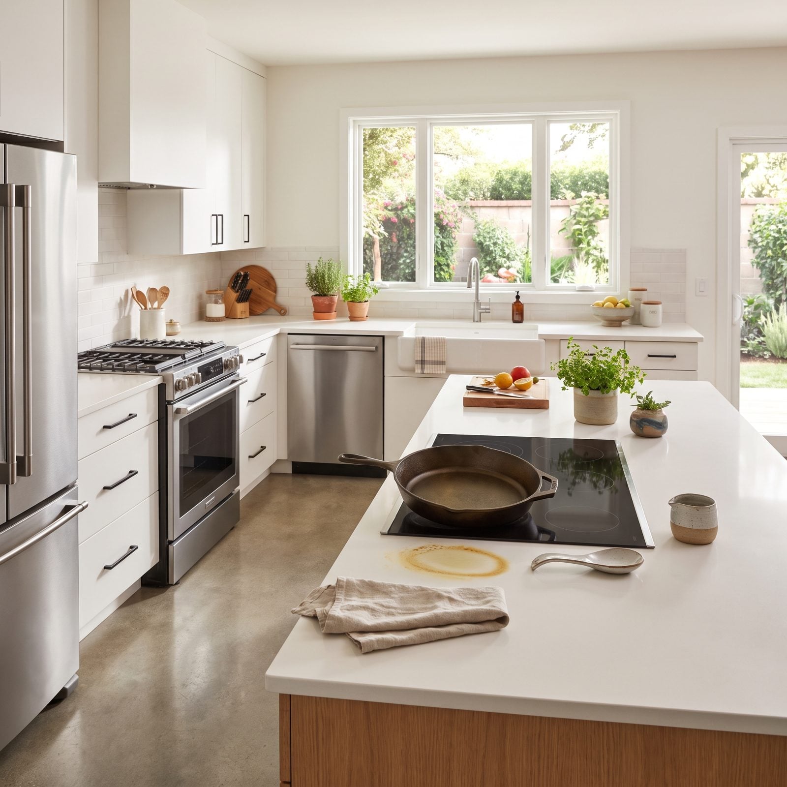 White contemporary kitchen with a scorched slumped oval on the acrylic solid-surface counter beside the cooktop.