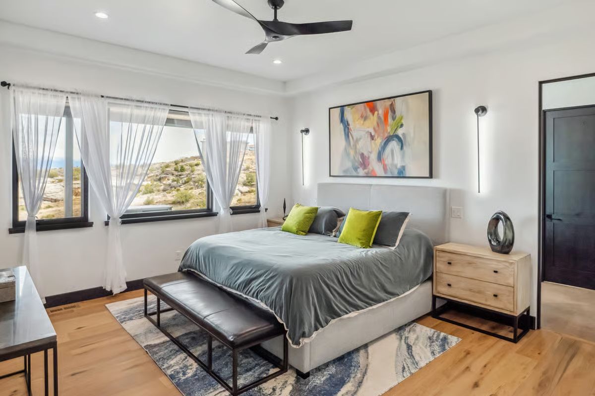 Chartreuse Pillows Against Gray Linen, and Desert Rock Framed Like Art