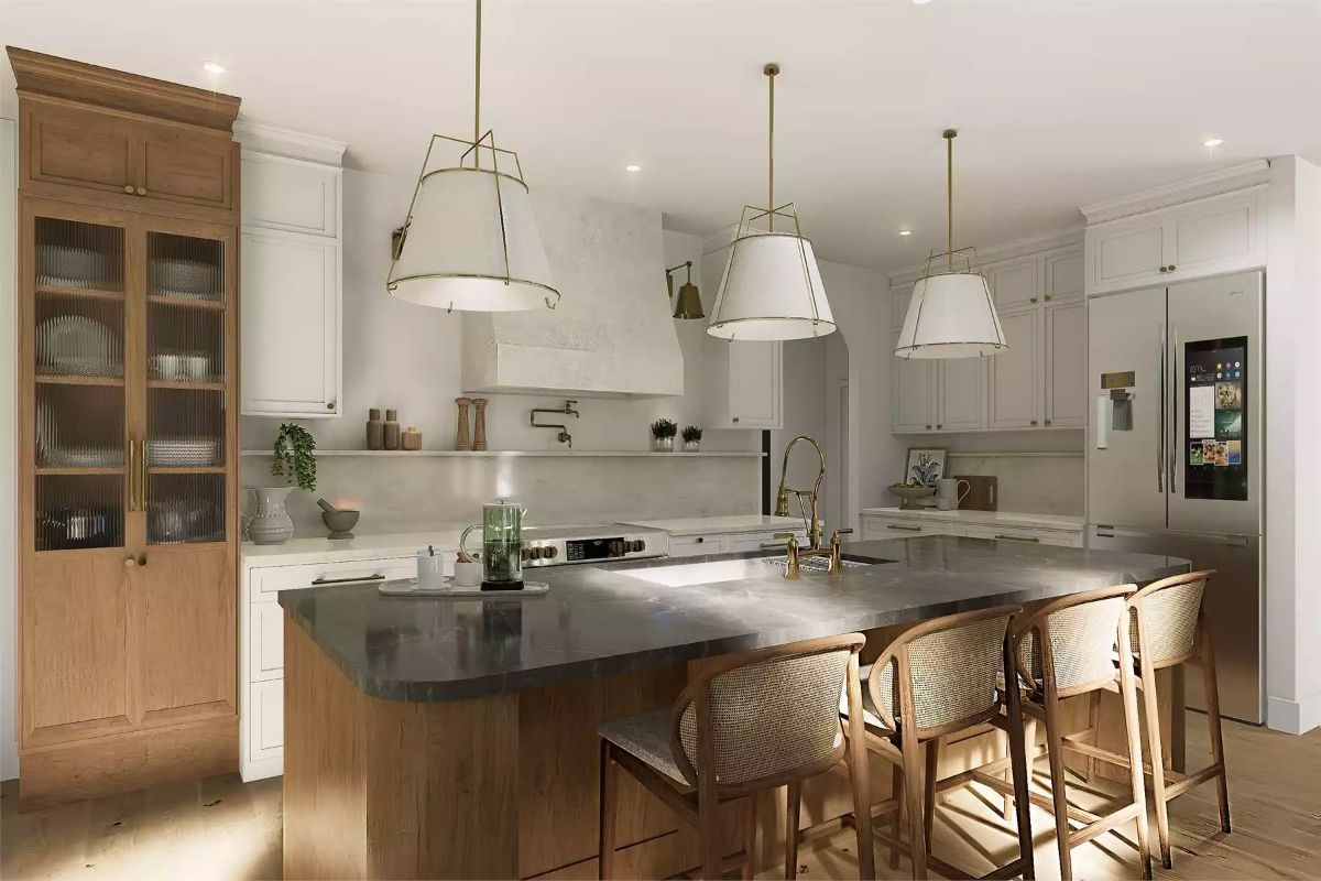 Dark Countertop, Warm Wood Base, and Three Pendants That Mean Business