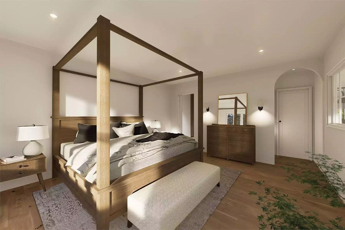 Four-Post Bed in Raw Wood That Earns Every Inch of Ceiling Height