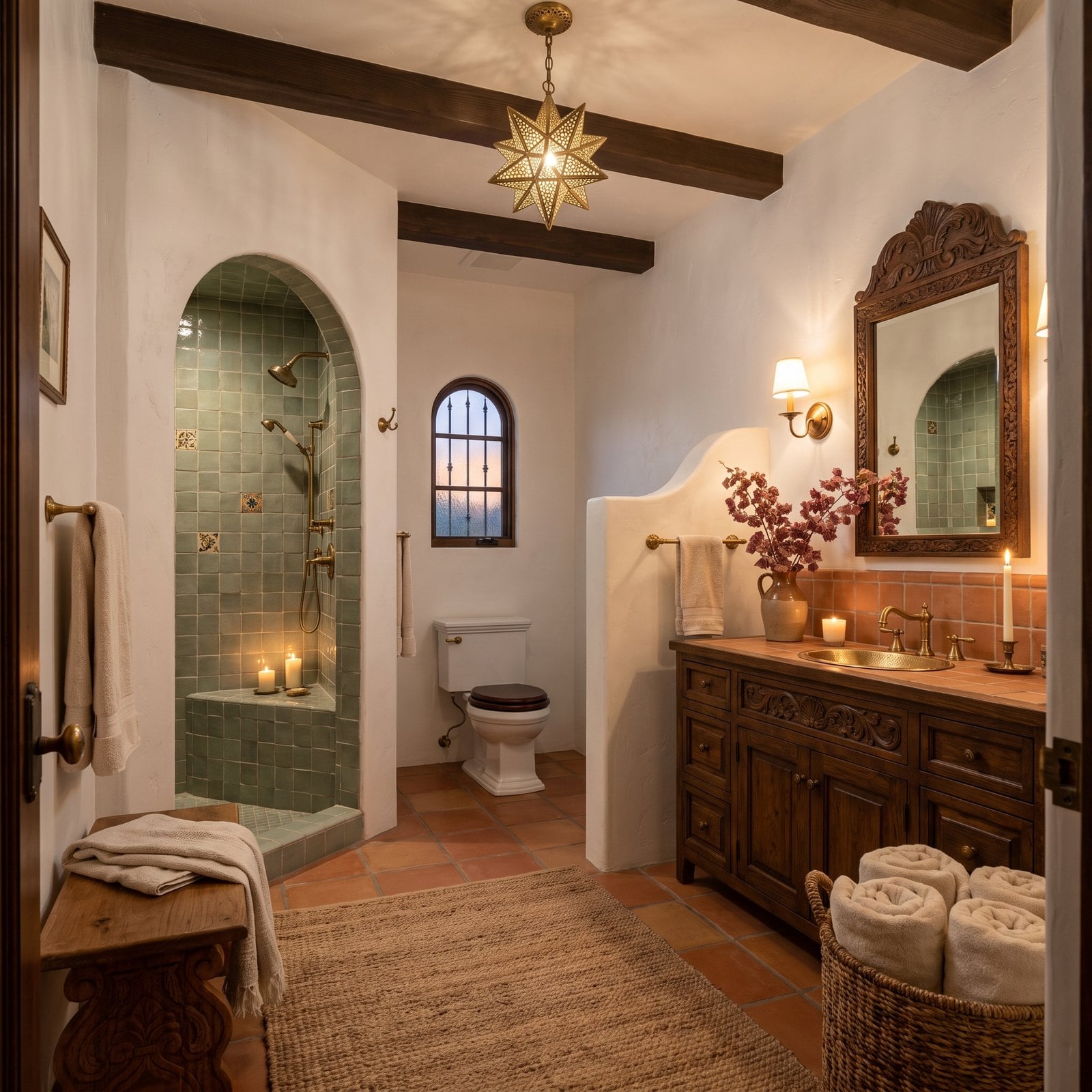 Spanish Revival Arches and a Sage Tiled Shower Under Brass Star Lights