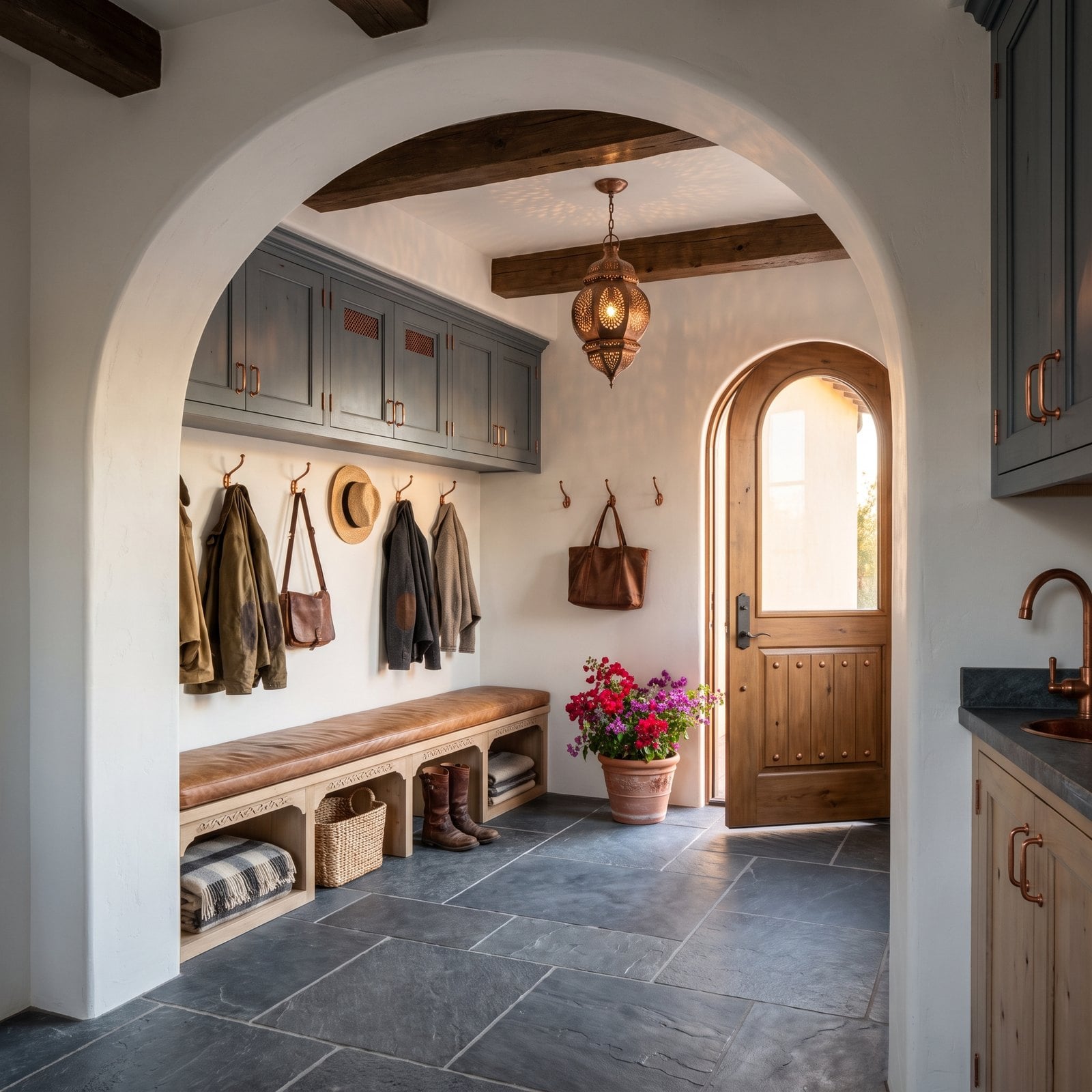 Spanish Revival Arches Frame a Slate Mudroom With Copper Lanterns
