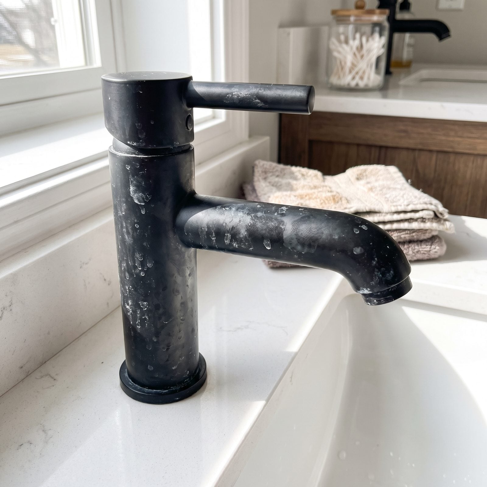 Modern bathroom with a matte-black faucet showing chalky white mineral spotting around the spout and handle bases.