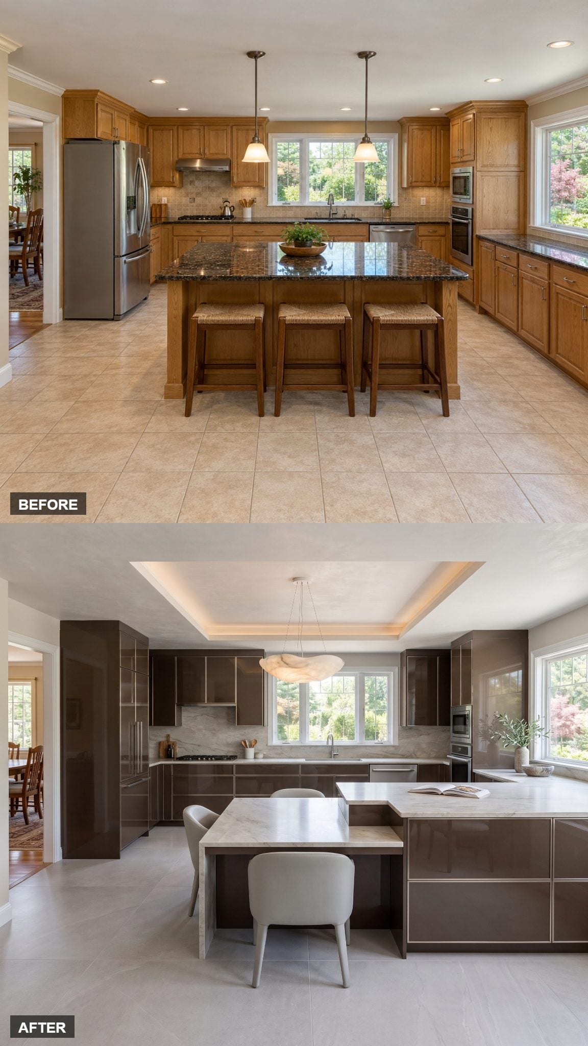 Split-Level Peninsula With a Recessed Dining Bay in Deep Bronze