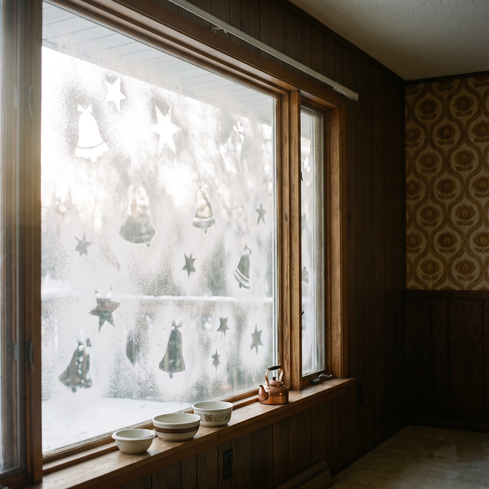 Spray-Snow Designs Stenciled Across the Windows