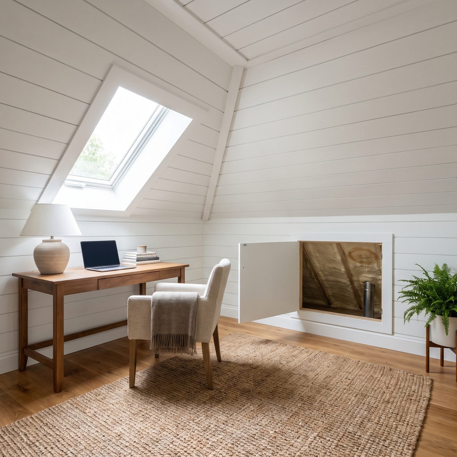 Finished attic room with an open ceiling panel revealing spray foam against the roof deck and a faint moisture ring near a