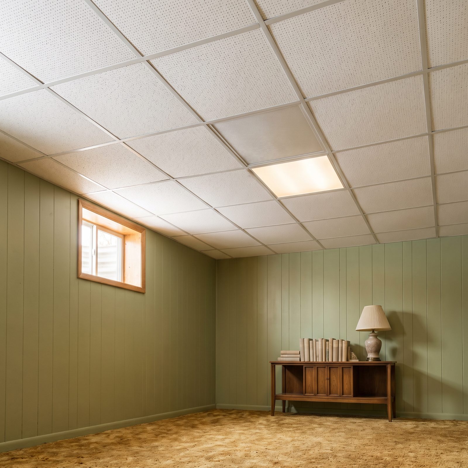 Square Acoustic Ceiling Tiles in a Neat Suspended Grid
