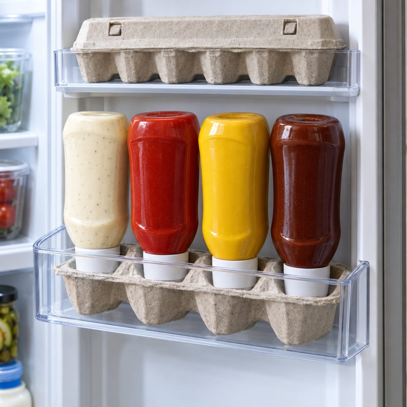Squeeze Bottles Stored Upside Down in an Egg Carton, Ready to Go
