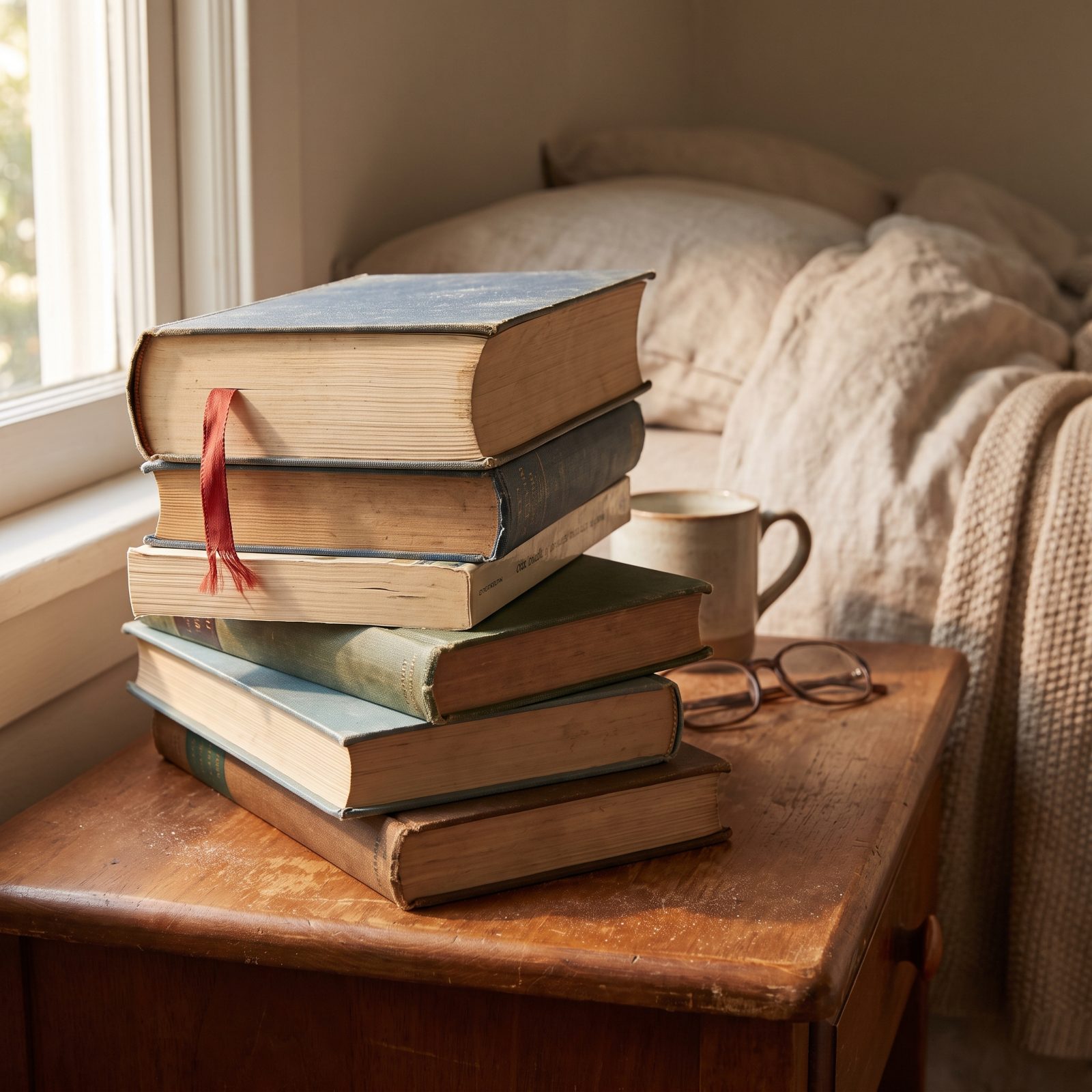 Bedroom nightstand with a stack of five books, a hanging bookmark, reading glasses, and a brass lamp.