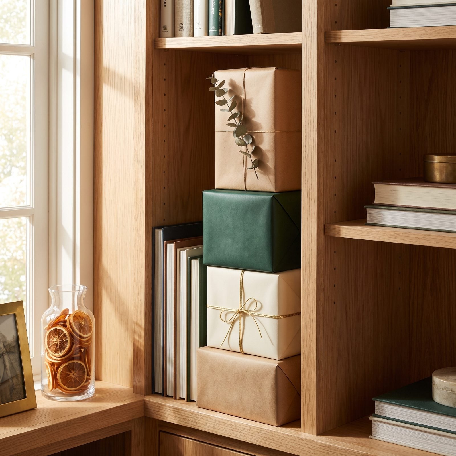 Stack Wrapped Gifts Vertically on Open Shelves