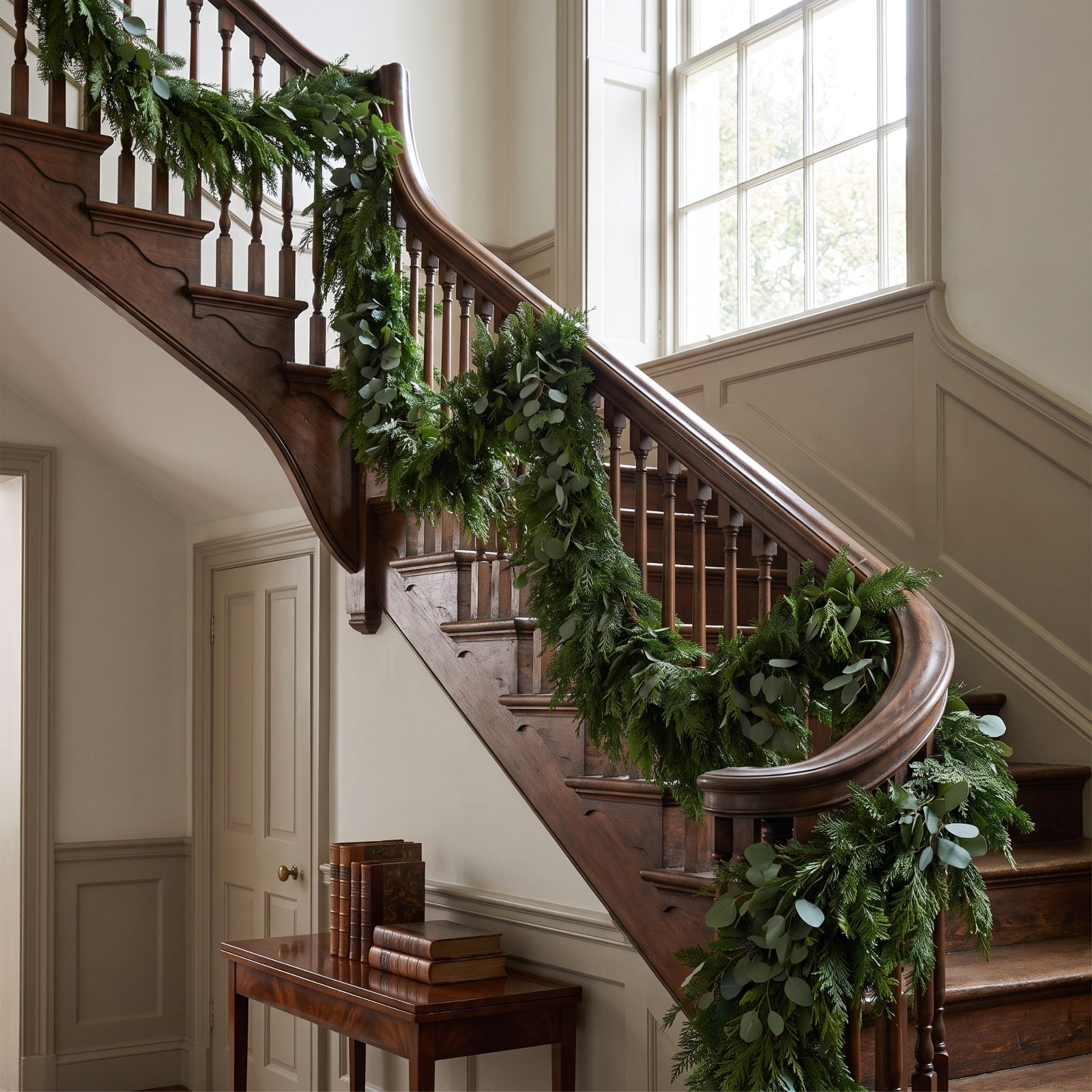 A Stair Rail Wrapped in Greenery Without Ribbons or Baubles