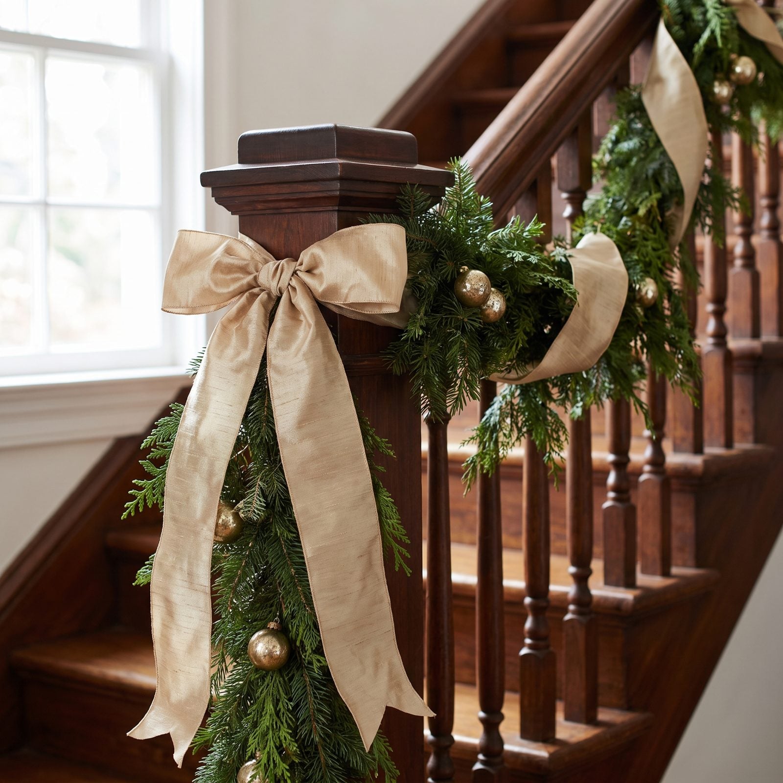 A Staircase Draped with Wide Raw-Silk Ribbon