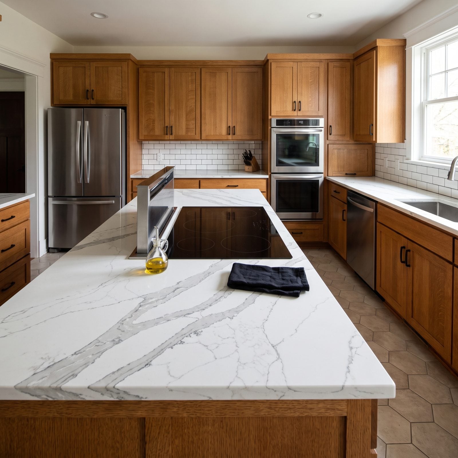 Contemporary navy kitchen where the cooktop cutout slices through the marble slab's main sweeping vein.
