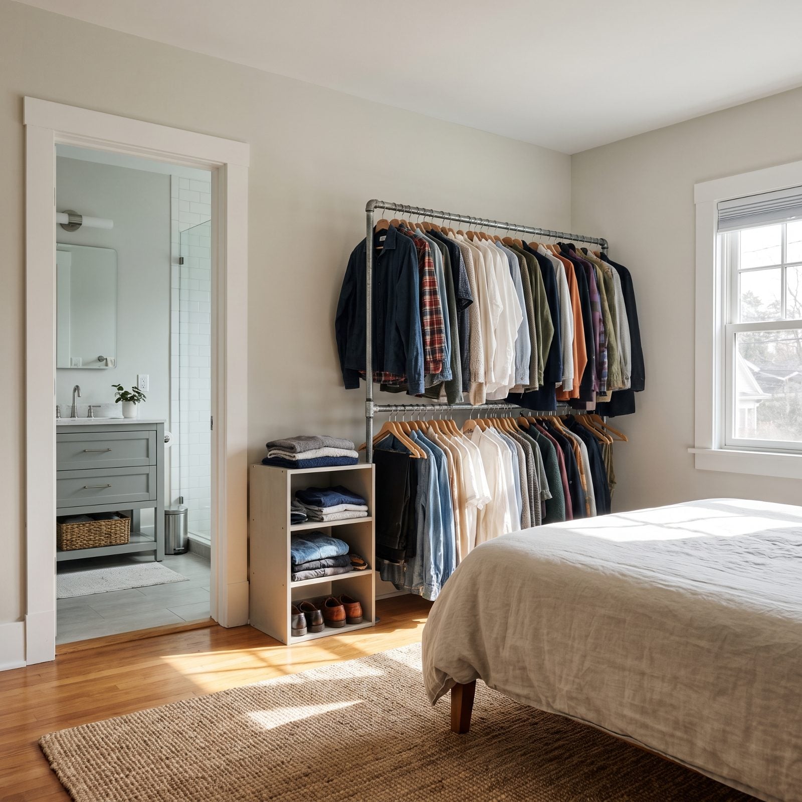 Bedroom with a blank wall where a closet used to be and a freestanding clothing rack standing in as storage.