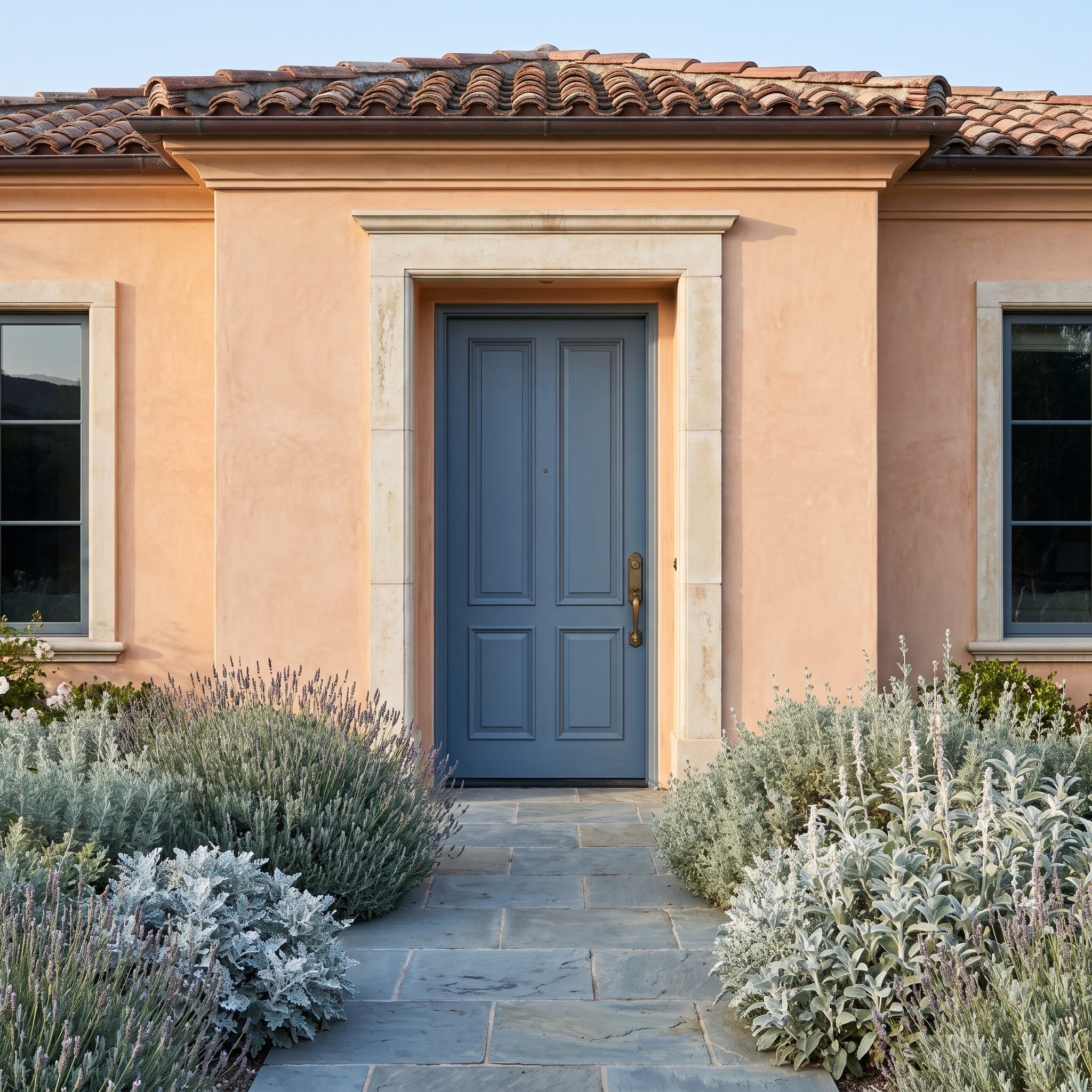 Muted steel-blue Italianate front door contrasting with peach walls and terracotta roofing