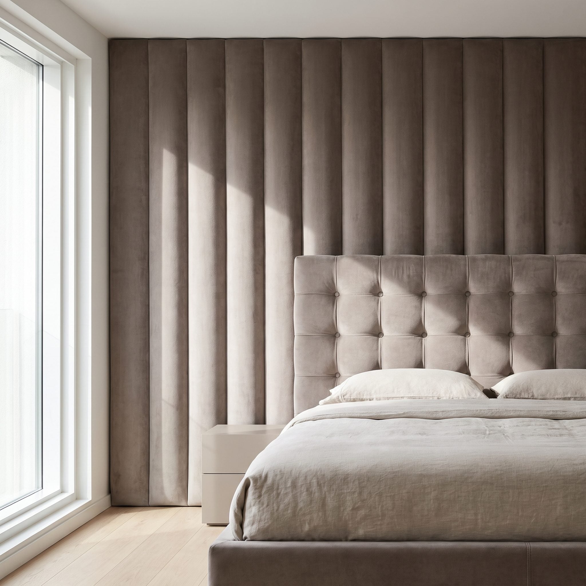 Stepped bedroom wall wrapped in ivory upholstery behind a low walnut platform bed